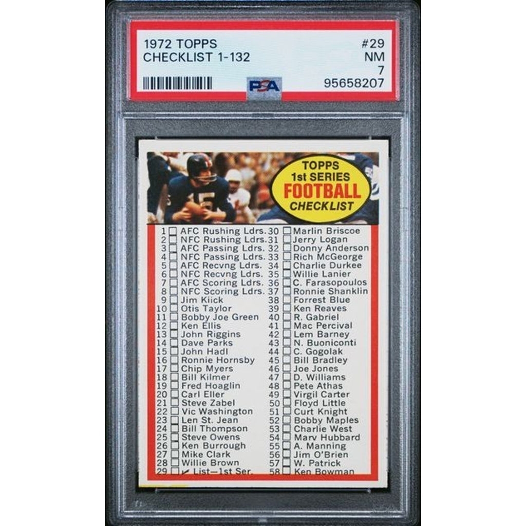 1972 Topps 1st Series Football Checklist card #29 graded PSA 7 featuring vintage NFL checklist collectible