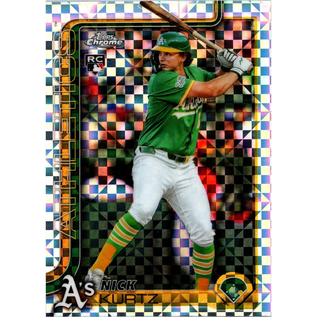 2025 Topps Chrome Update #USC180 Nick Kurtz X-Fractor rookie card featuring Oakland Athletics prospect