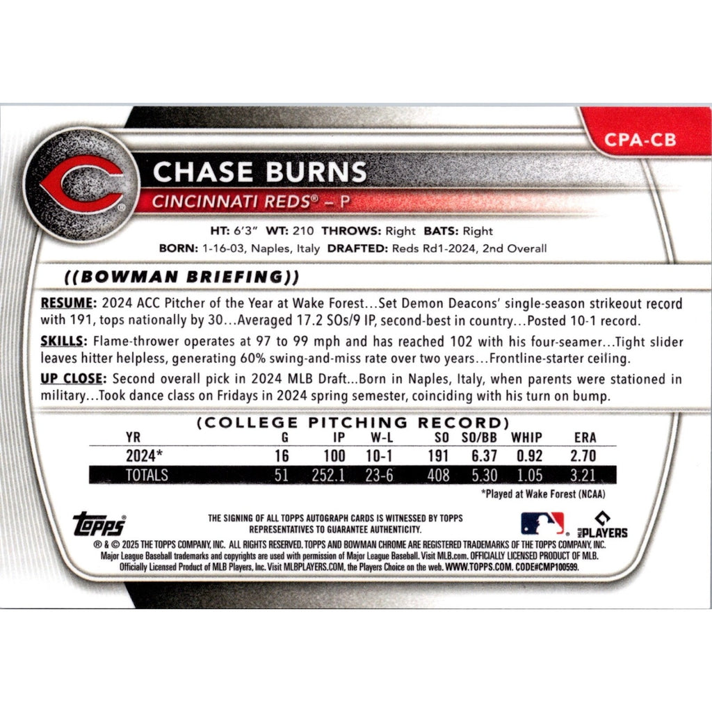 2025 Bowman Chrome CHASE BURNS Prospect Auto HTA Mojo Refractor /150 Reds CPA-CB