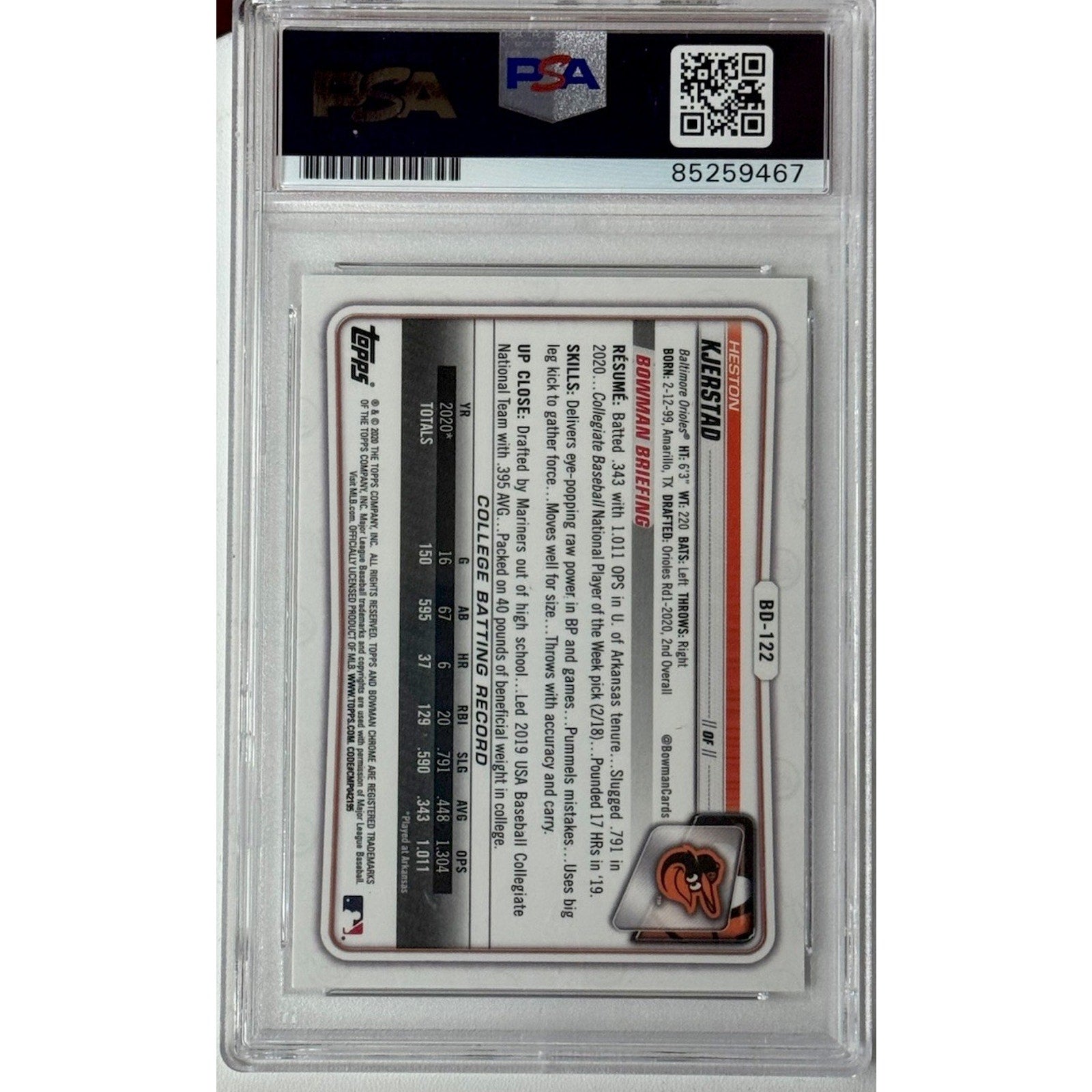 2020 1st Bowman Chrome Rookie Heston Kjerstad Psa DNA Auto BD122 Orioles RC