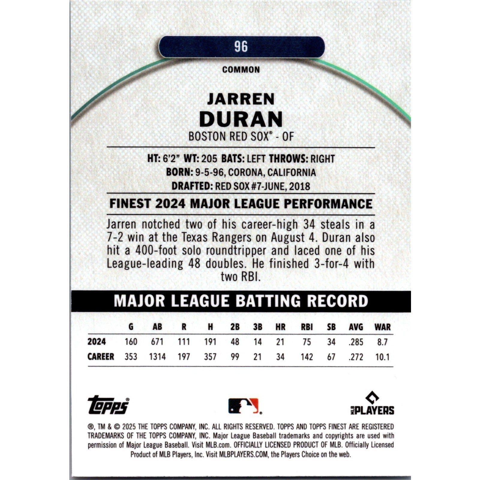 JARREN DURAN 2025 TOPPS FINEST COMMON X-Fractor REFRACTOR Red Sox