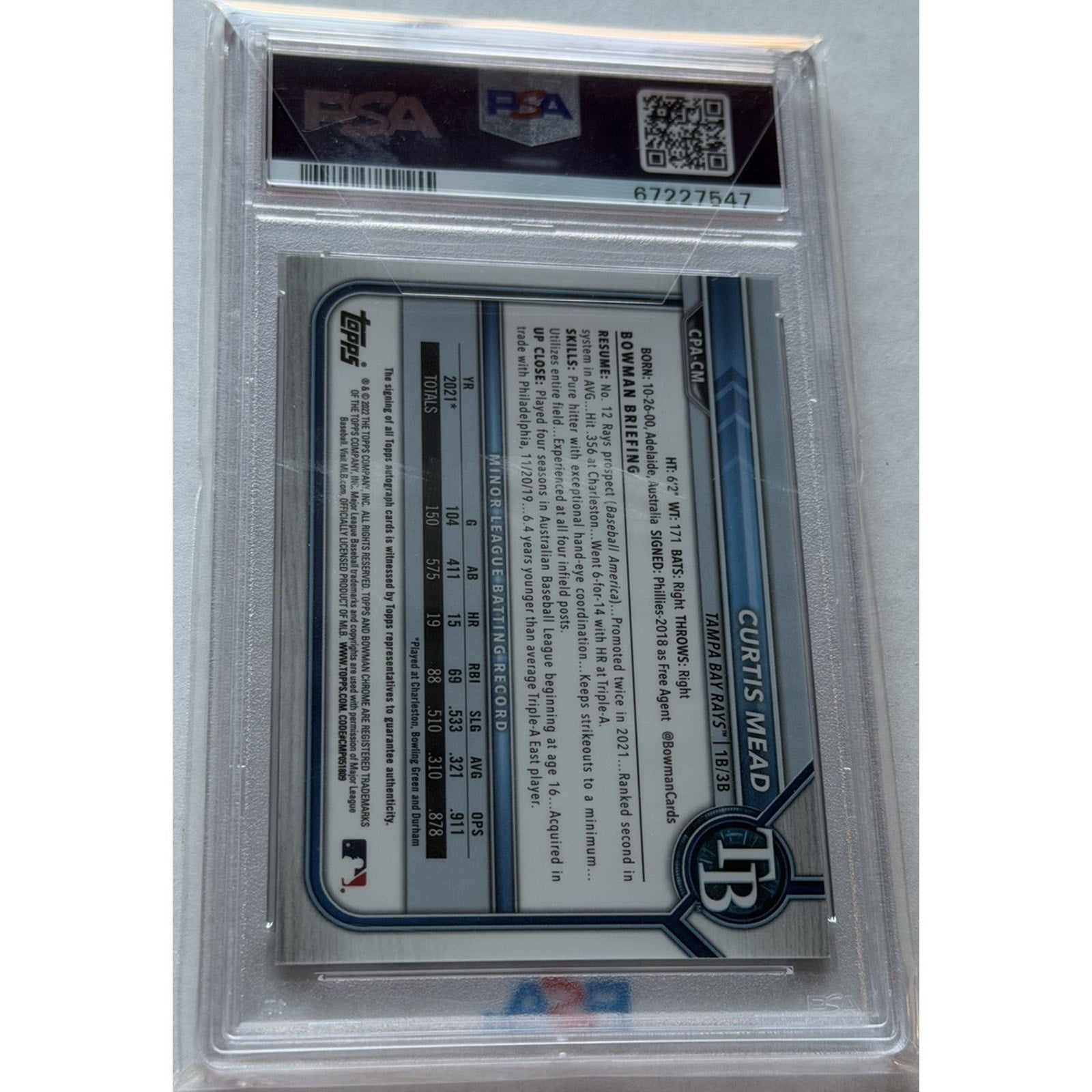 Curtis Mead 2022 Bowman Chrome Auto Atomic Refractor /100 PSA 9 MINT Rays RC