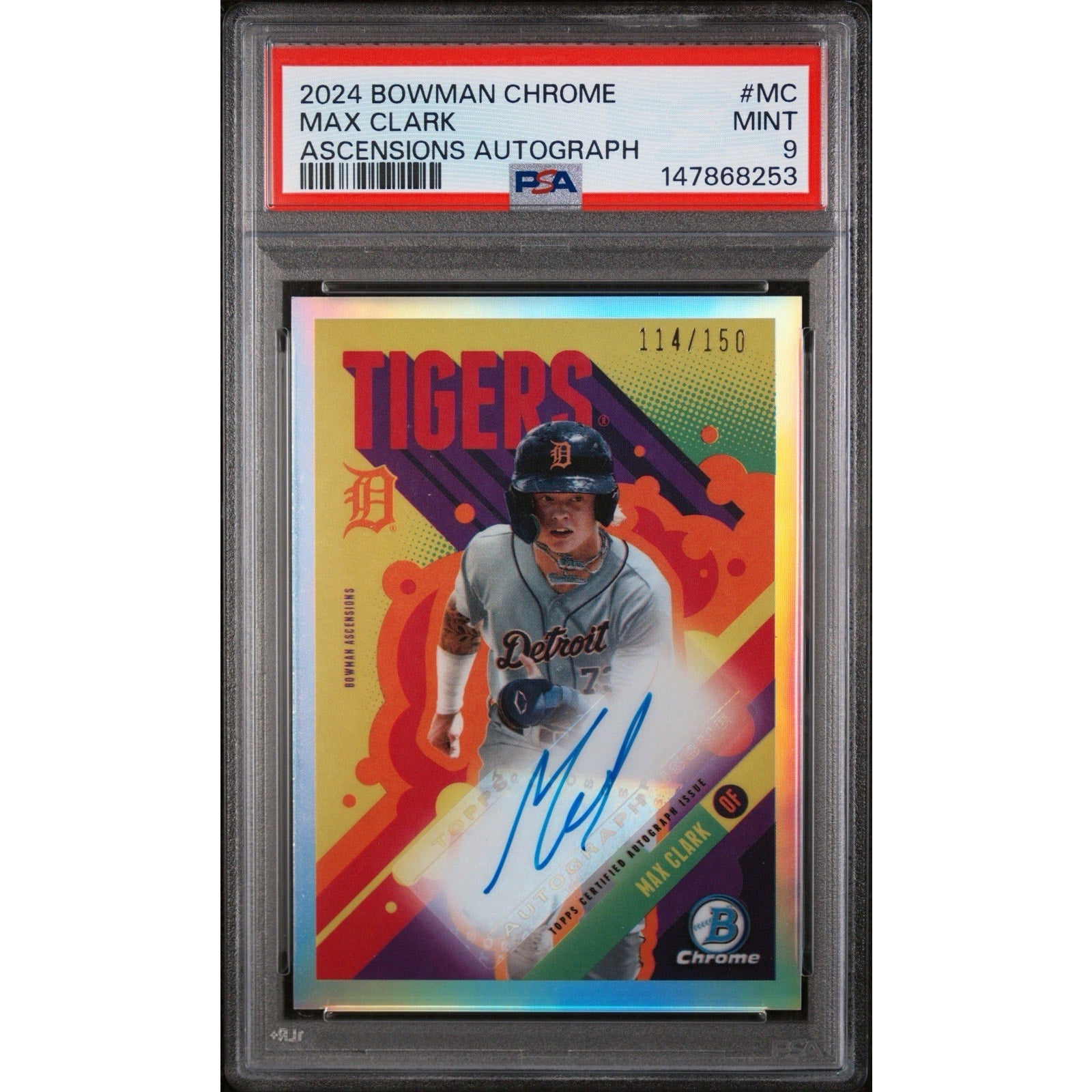 2024 Bowman Chrome Bowman Ascensions Autographs Max Clark #MC PSA 9 Mint rookie card front with on-card autograph and serial number