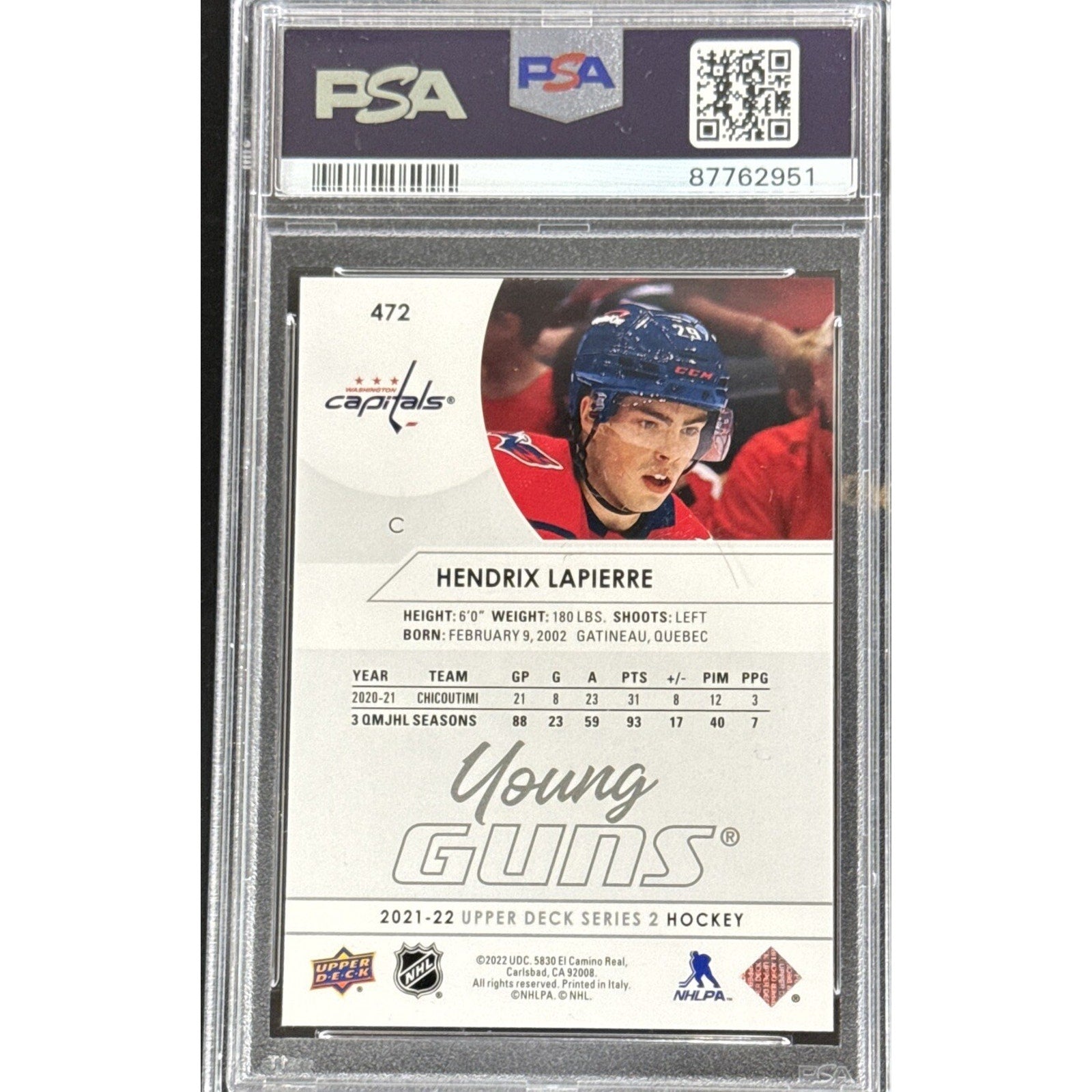 2021-22 UPPER DECK S2 #472 HENDRIX LAPIERRE RC YOUNG GUNS PSA 10 WASHINGTON CAPS