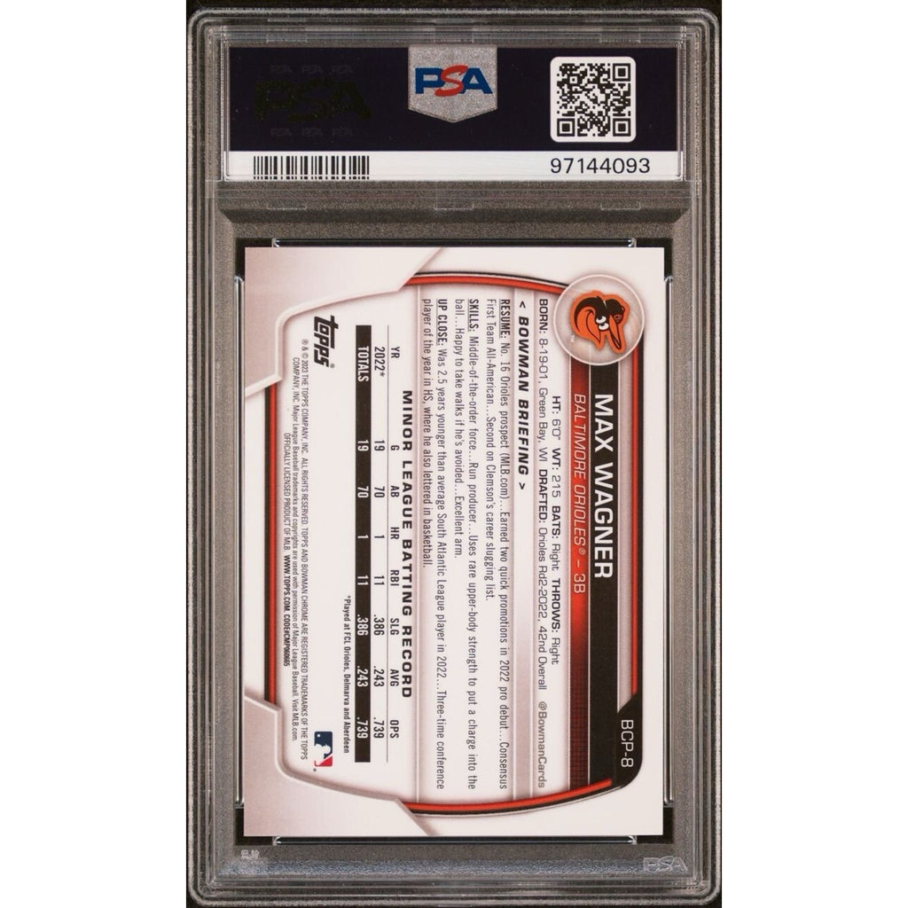 Max Wagner 2023 Bowman Chrome Prospect Yellow Lava Refractor /75 Orioles PSA 9