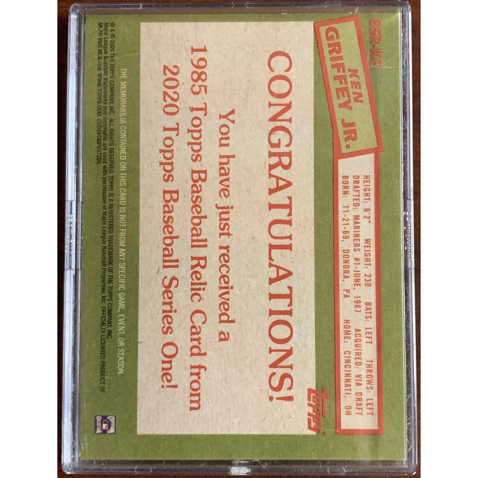 2020 Topps Relic 1985 Game Used Memorabilia Ken Griffey Jr. 85R-KG Mariners OF