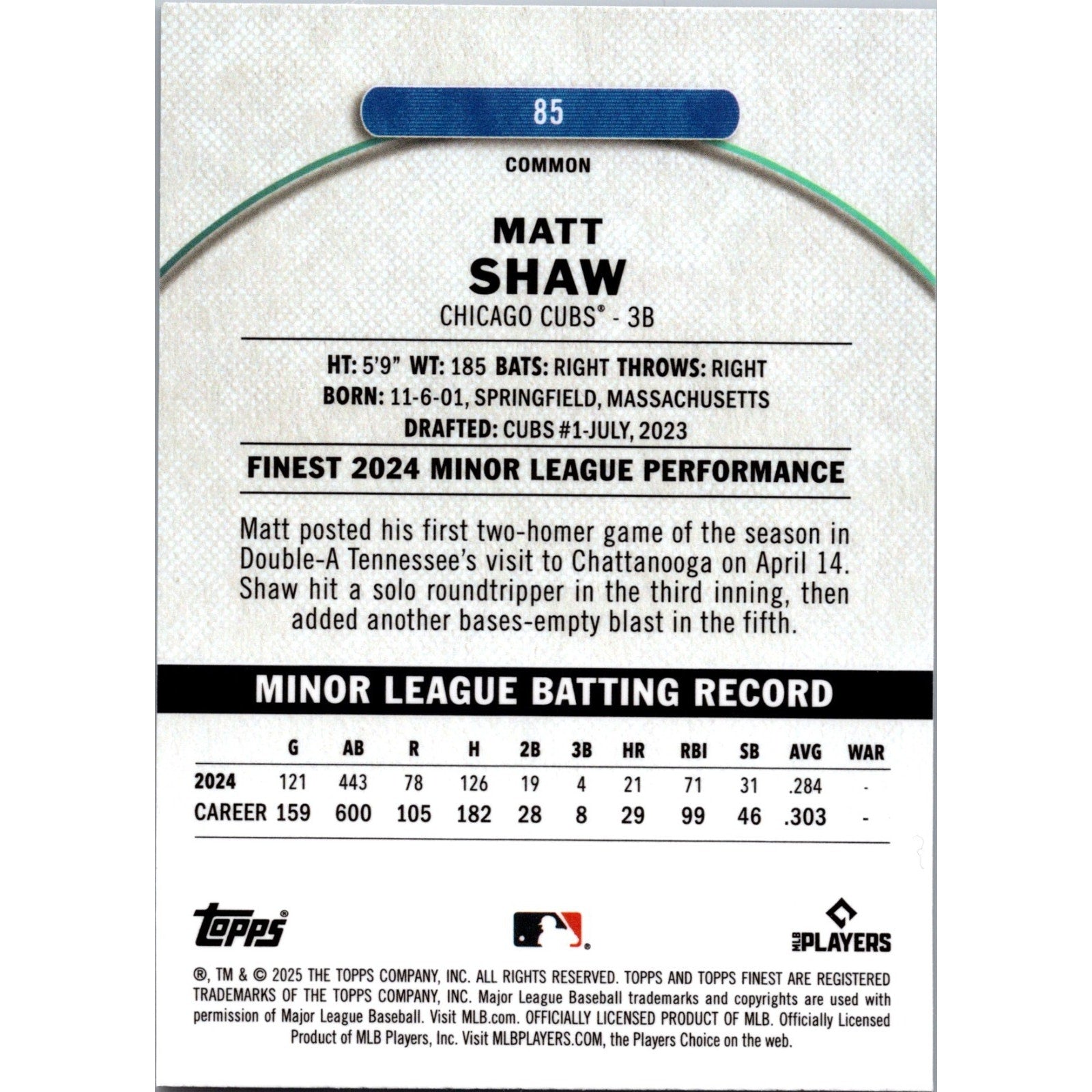 2025 Topps Finest Baseball Matt Shaw #85 Checkerboard Common RC