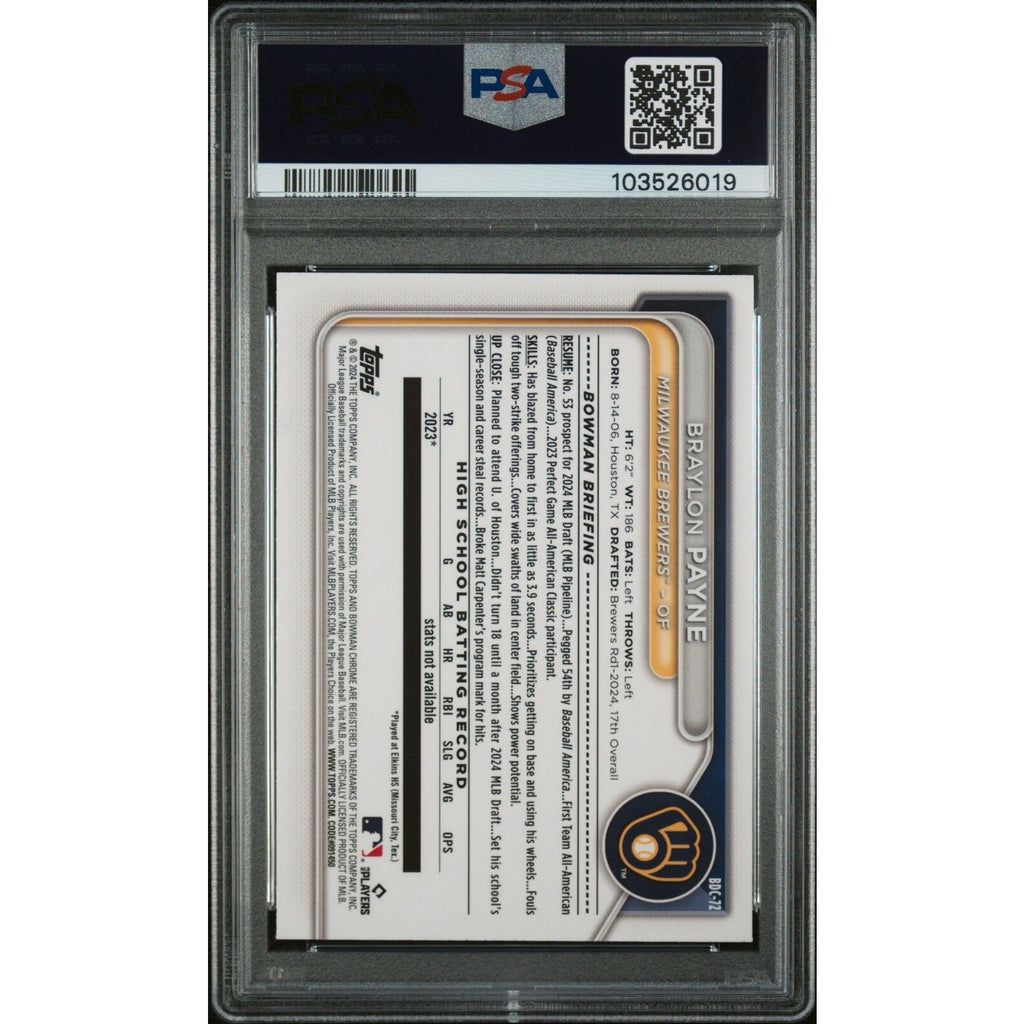 2024 BOWMAN DRAFT #BDC72 BRAYLON PAYNE CHROME FUCHSIA LUNAR REFRACTOR PSA 10 RC