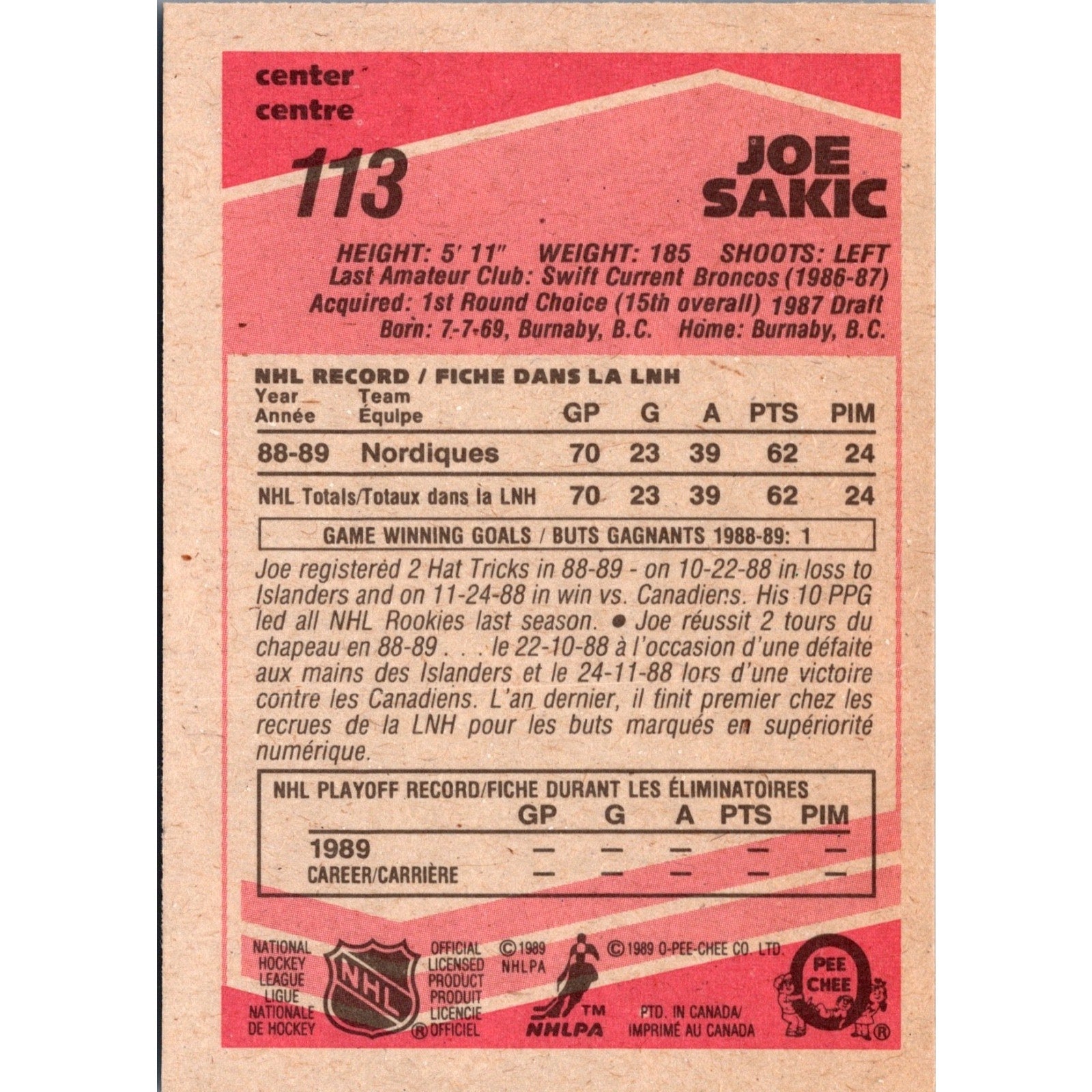 Joe Sakic 1989-90 O-Pee-Chee #113 (RC)Quebec Nordiques Rookie MT Free Shipping
