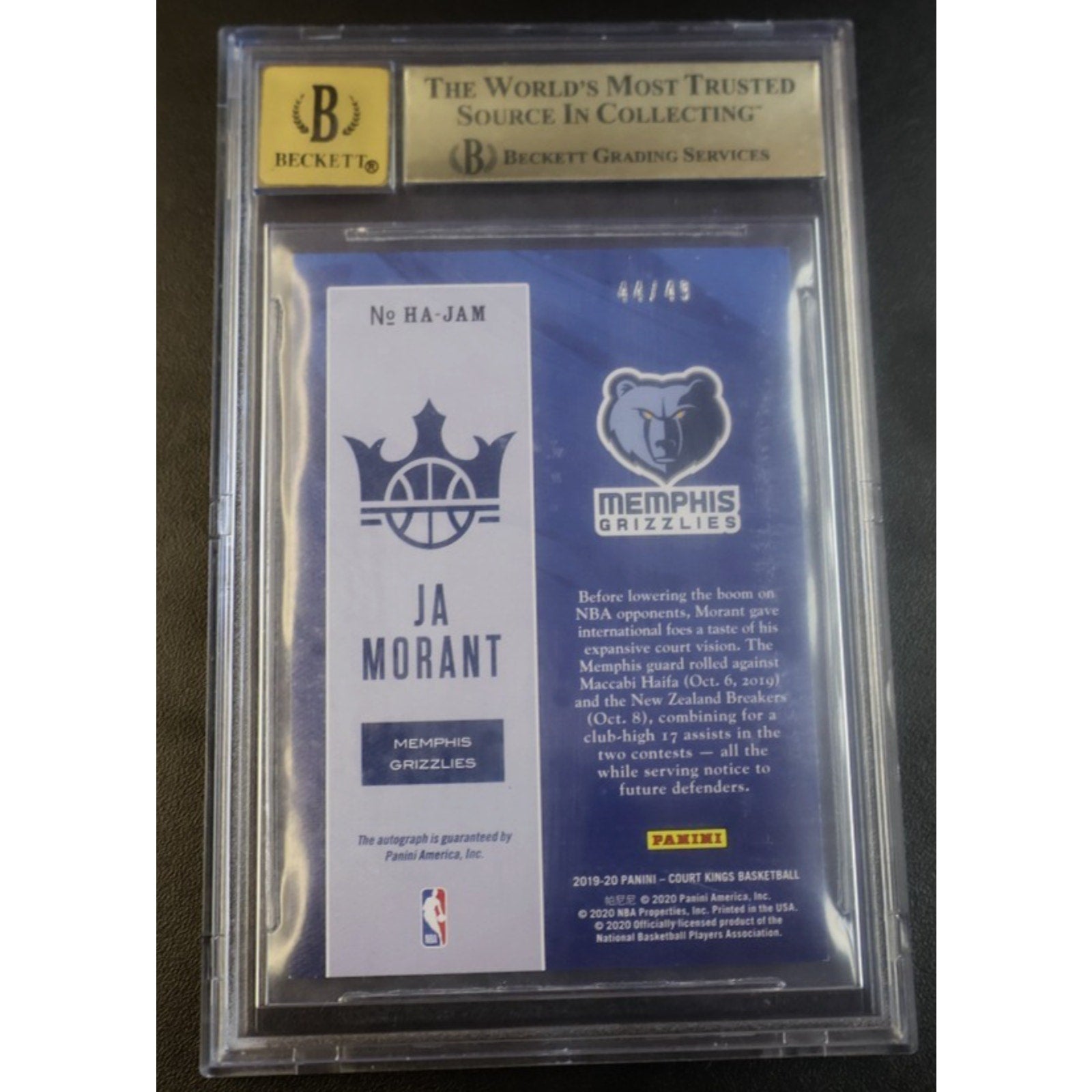 2019 Panini Court Kings Ja Morant Heir Apparent Auto Citrine Rookie /49 BGS 9.5