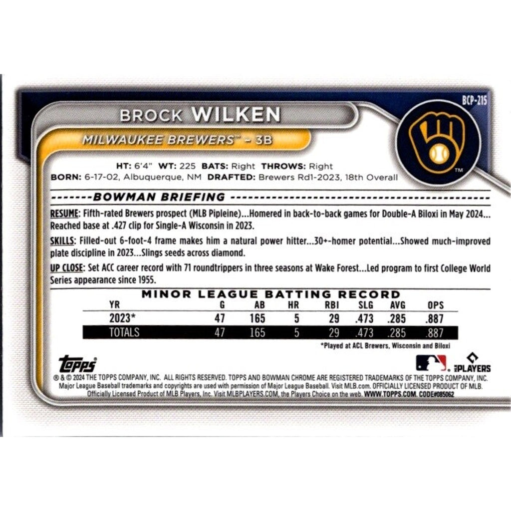 2024 Bowman Sapphire #BCP-215 Brock Wilken Prospects Milwaukee Brewers Rookie