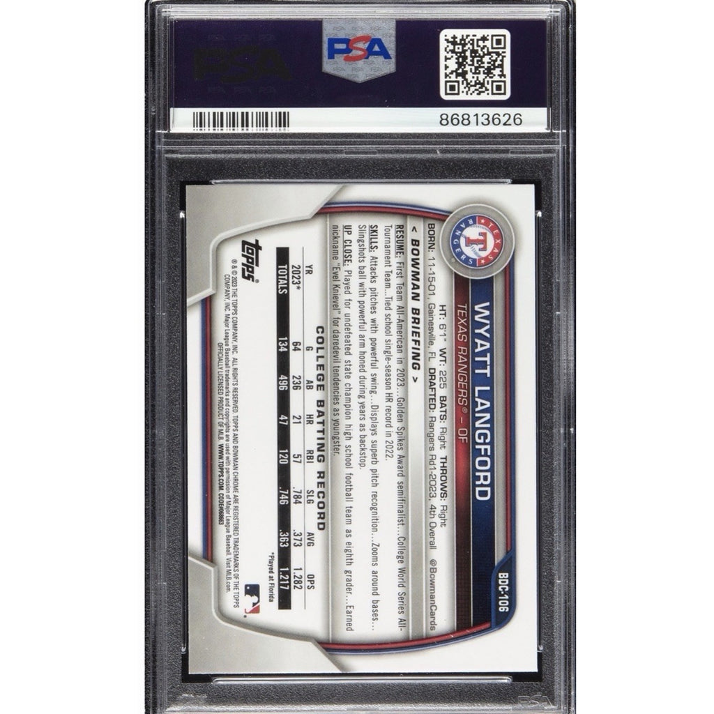 2023 Bowman Chrome Draft Wyatt Langford Gold Refractor /50 PSA 10 Gem Rookie RC
