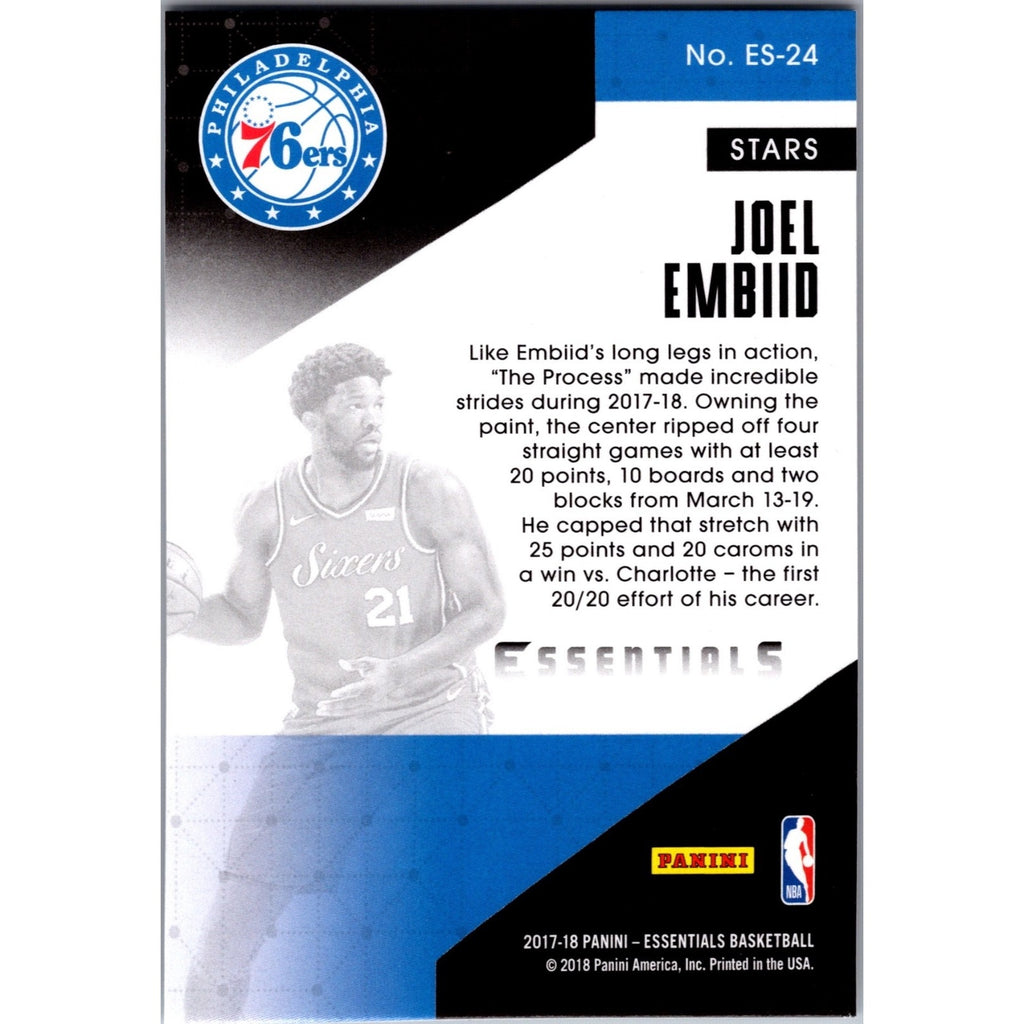 Joel Embiid 2017-18 Panini Essentials Silver Essential Stars Insert Card #ES-24