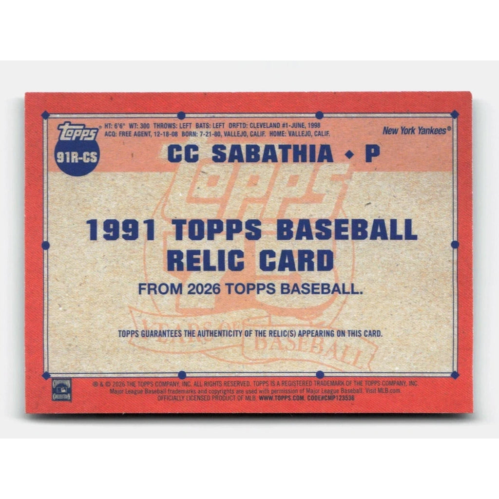 CC Sabathia 2026 Topps Series 1 1991 GAME USED RELIC CARD #91R-CS Mint