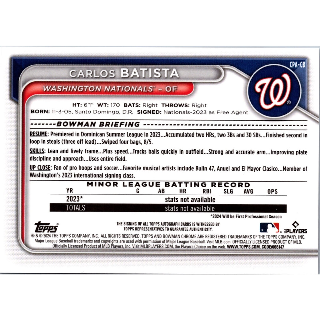 2024 Bowman Draft 1st Chrome Carlos Batista Auto Prospect #CPA-CB Nationals