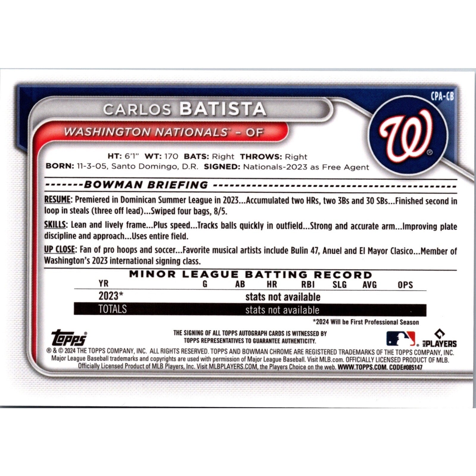 2024 Bowman Draft 1st Chrome Carlos Batista Auto Prospect #CPA-CB Nationals