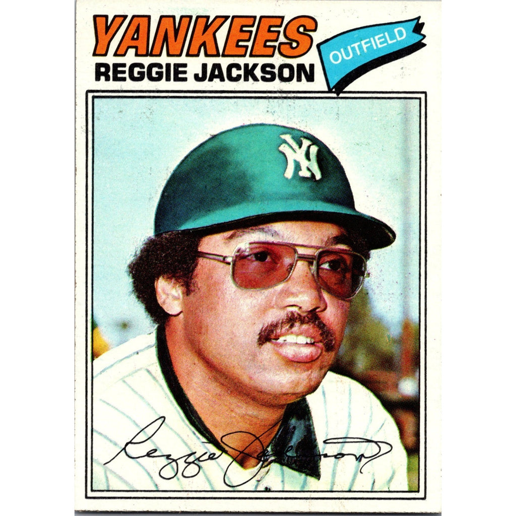 Front view of 1977 Topps #10 Reggie Jackson baseball card featuring the New York Yankees slugger in his Yankees cap and uniform.