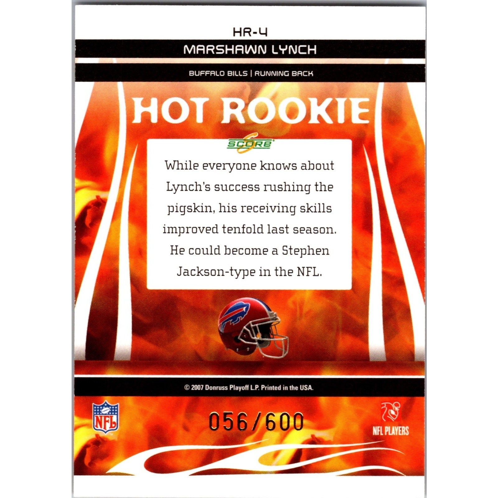 Marshawn Lynch 2007 Score Hot Rookie Gold Zone /600 #HR-4 RC