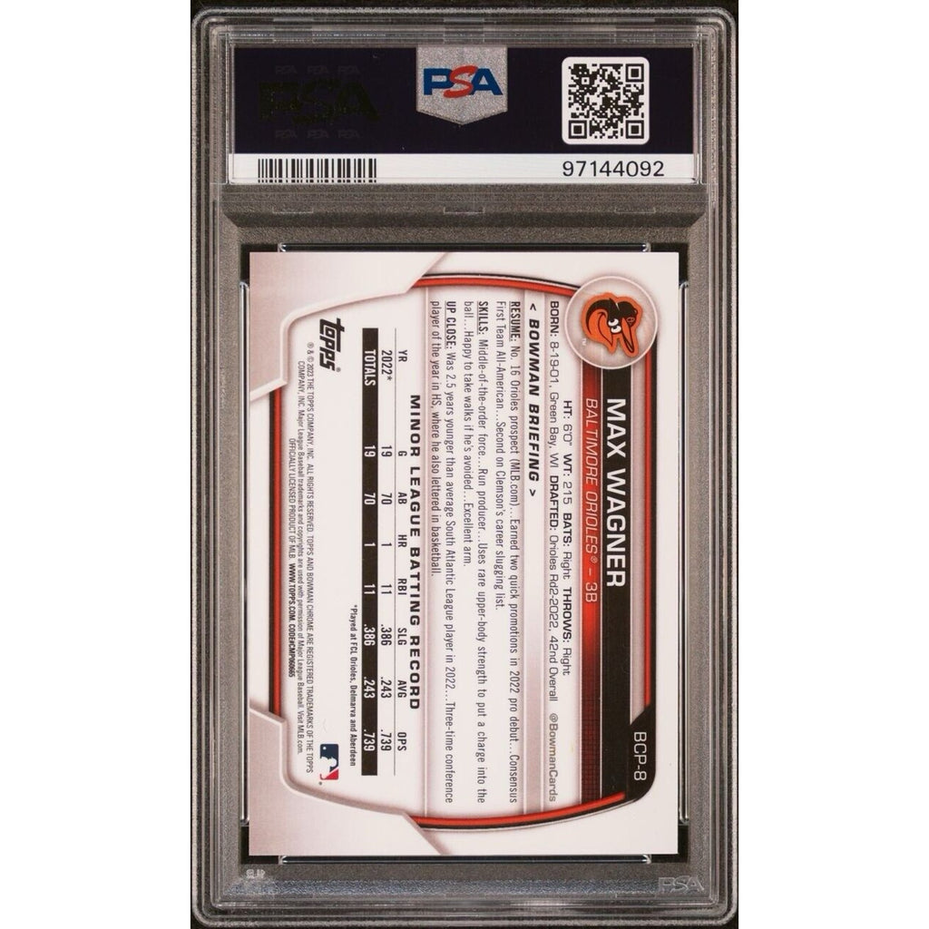 Max Wagner 2023 Bowman Chrome Prospect Green Grass /99 Refractor Orioles PSA 9