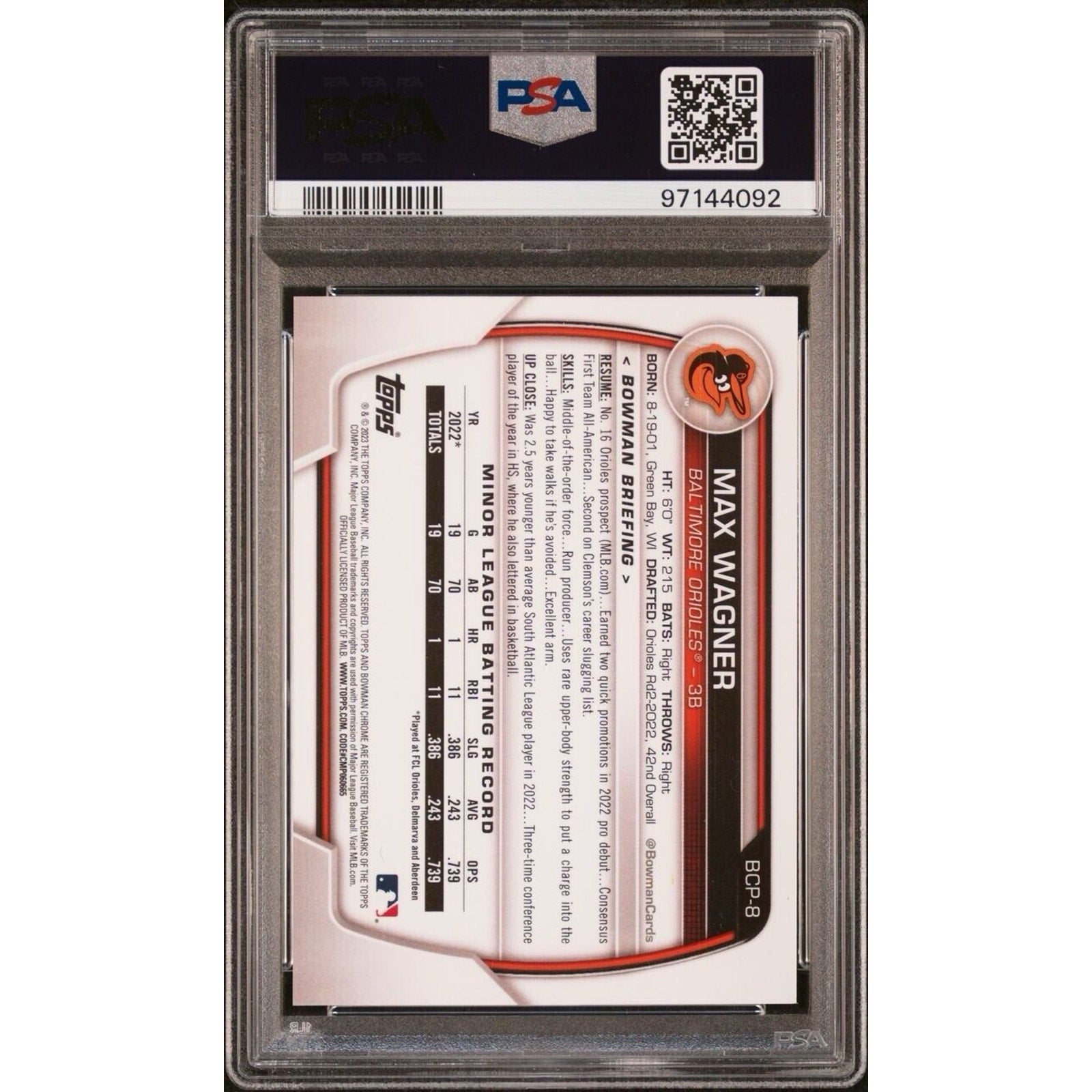 Max Wagner 2023 Bowman Chrome Prospect Green Grass /99 Refractor Orioles PSA 9