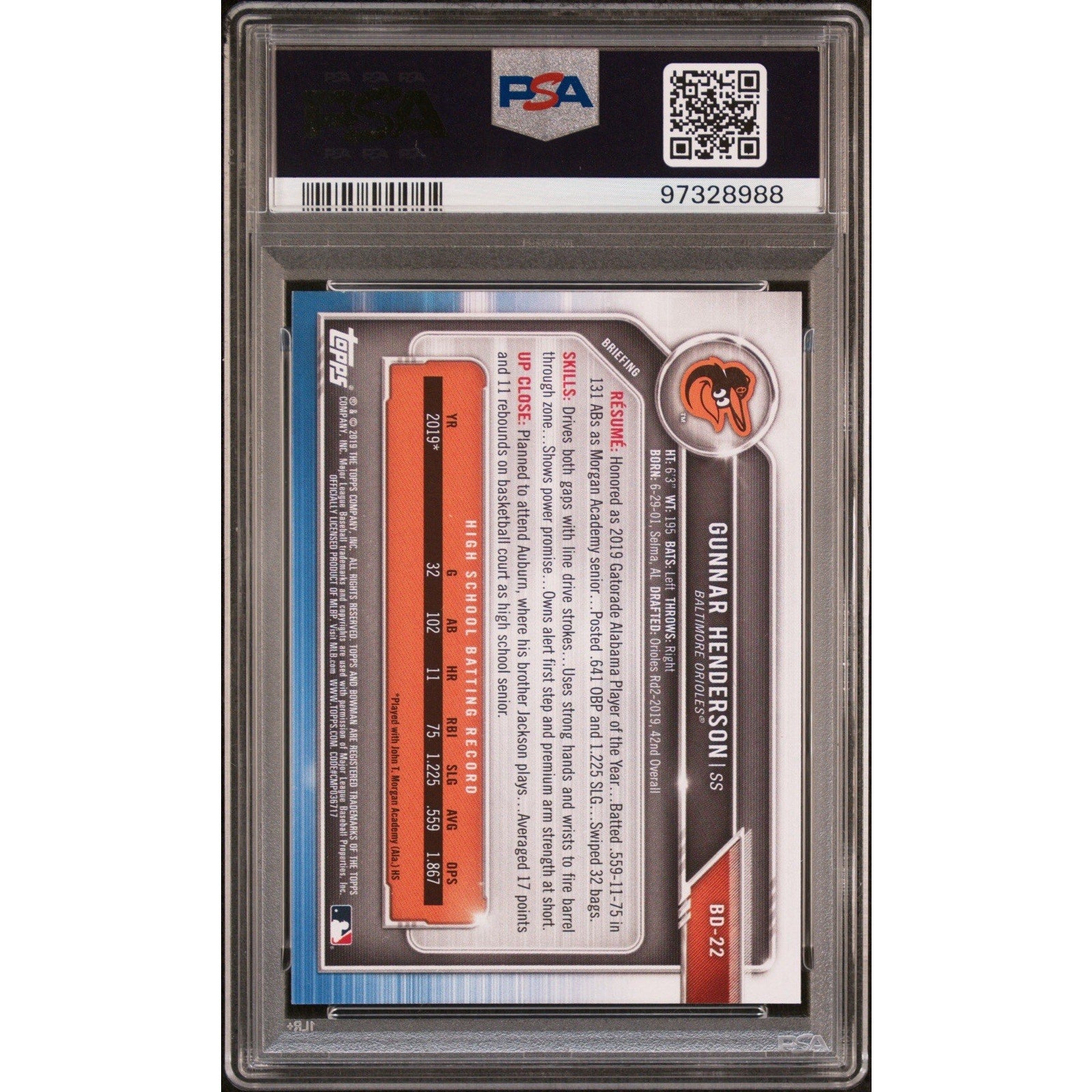 2019 Bowman Draft Gunnar Henderson PSA 9 DNA Auto 10 RC Rookie Orioles 1st