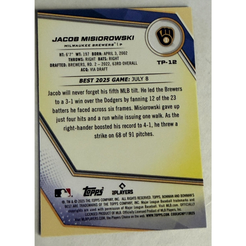 2025 Bowman’s Best Jacob Misiorowski /150 Blue Laser Refractor Brewers #TP-12