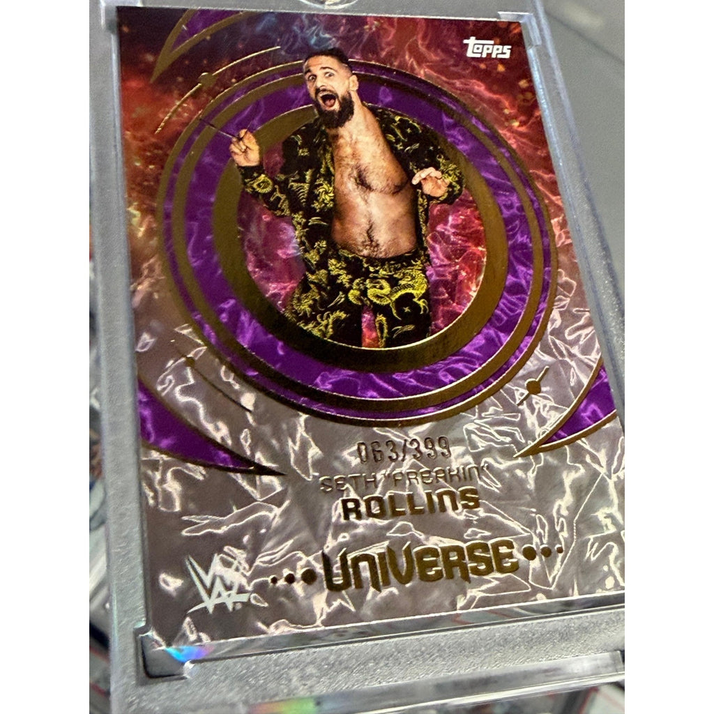 Close-up of Seth Rollins Purple Glass parallel foil design on 2025 Topps WWE Universe card