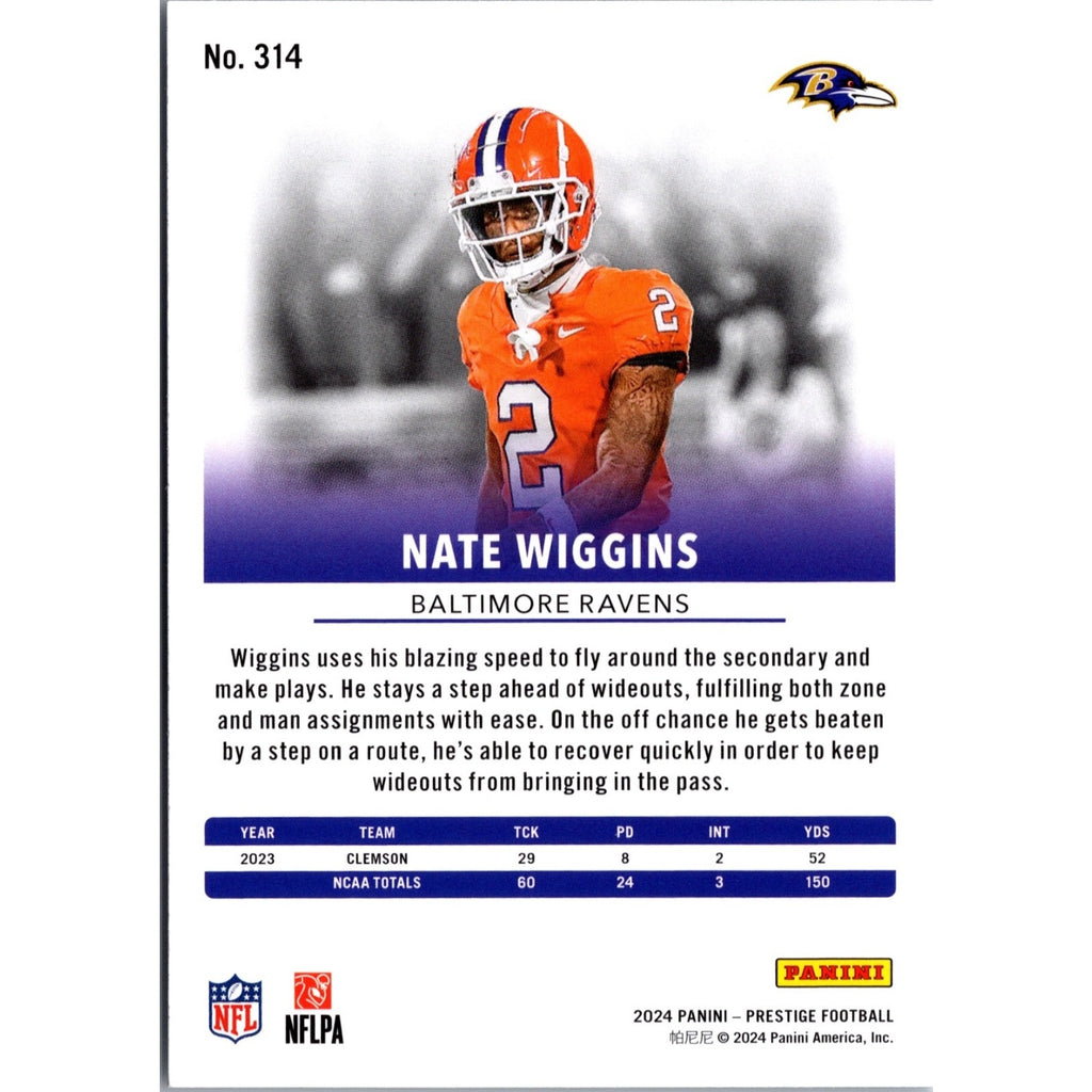 Nate Wiggins 2024 Panini Prestige #314 RC Rookie Baltimore Ravens
