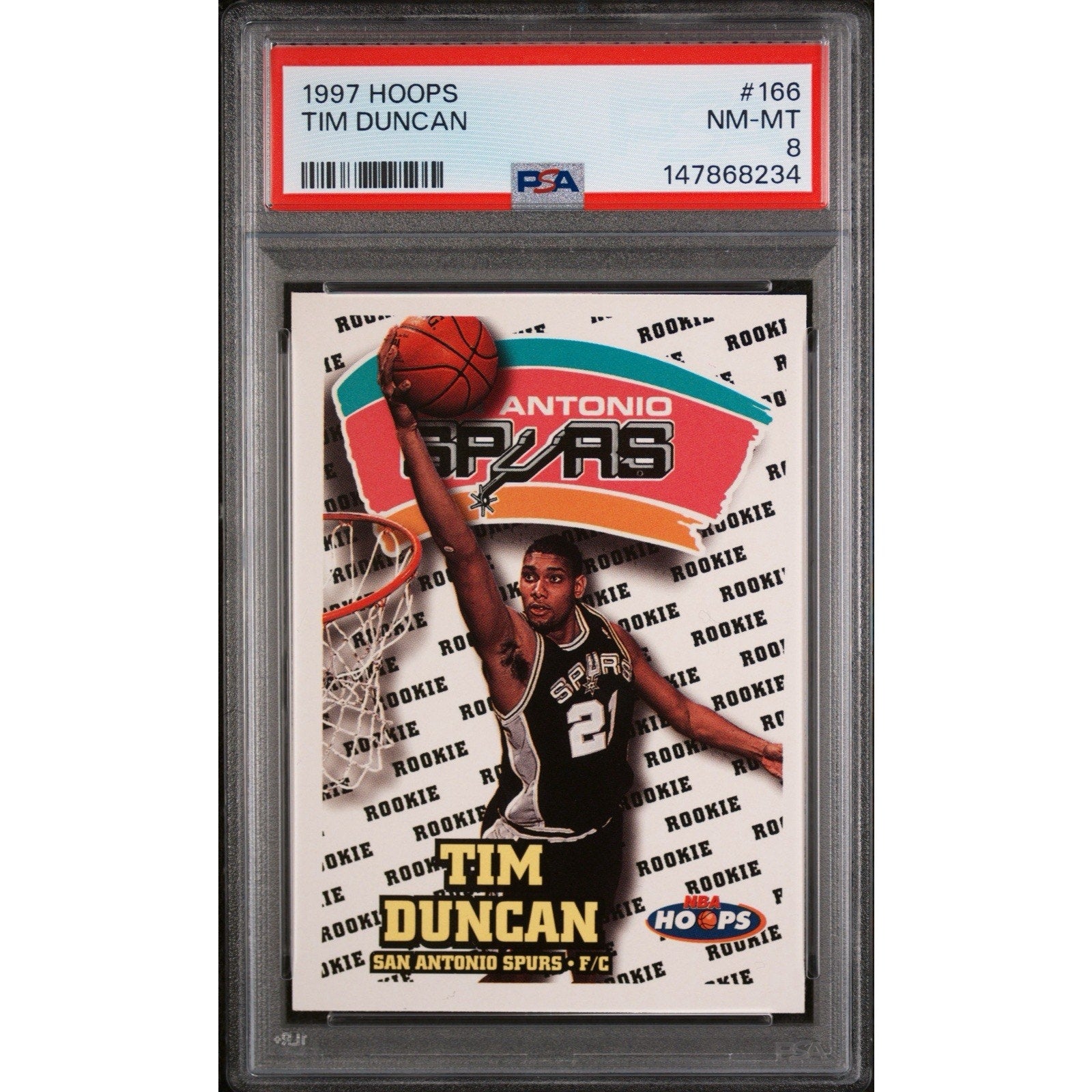 1997 Hoops #166 Tim Duncan rookie card PSA 8 NM featuring San Antonio Spurs Hall of Fame superstar