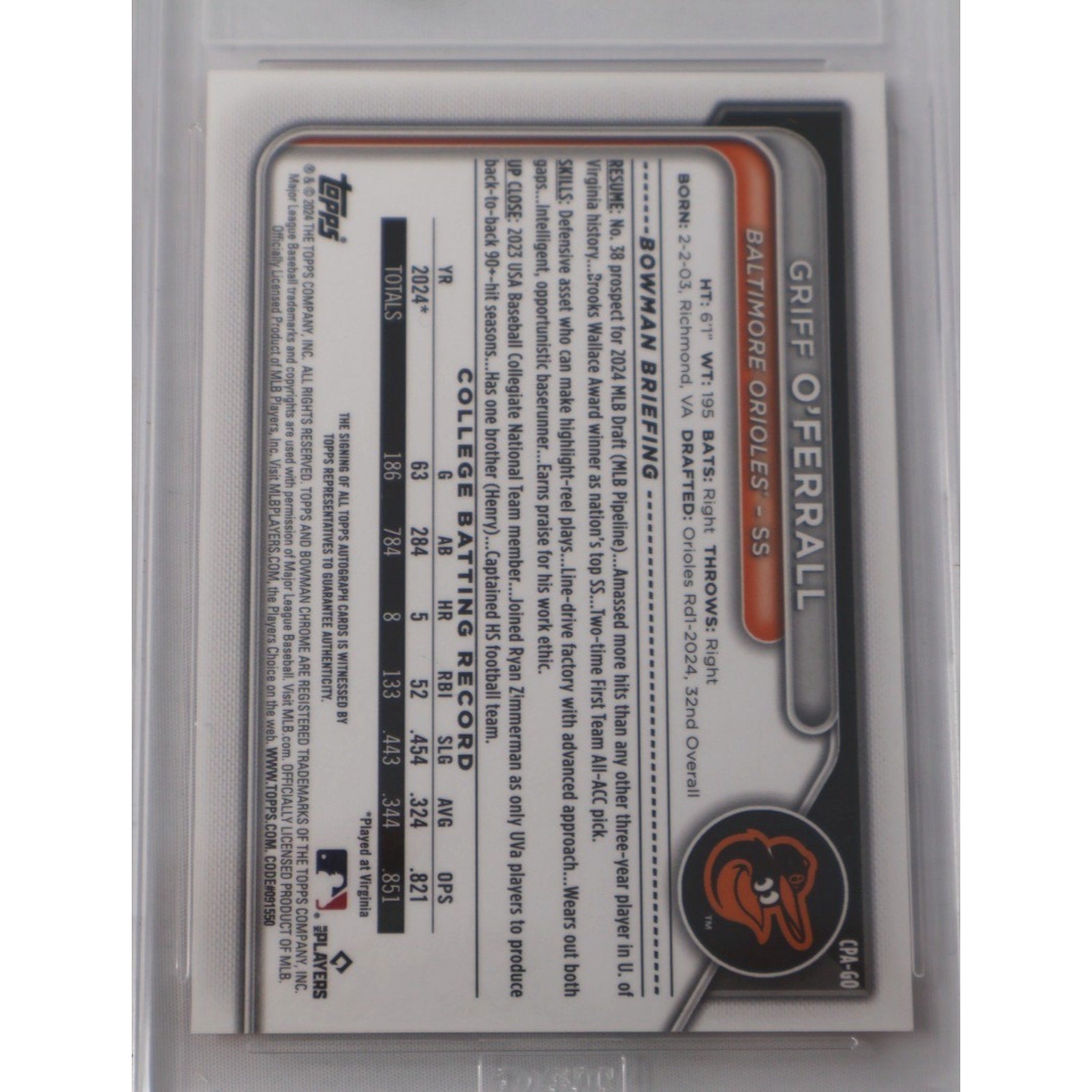 Griff O'Ferrall 2024 Bowman Chrome Draft Orange Wave Refractor Auto #CPA-GO Mint