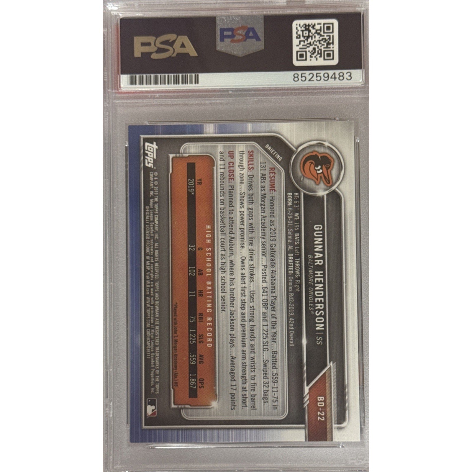 2019 1st Bowman Draft Gunnar Henderson PSA DNA Authentic Auto RC Rookie Orioles