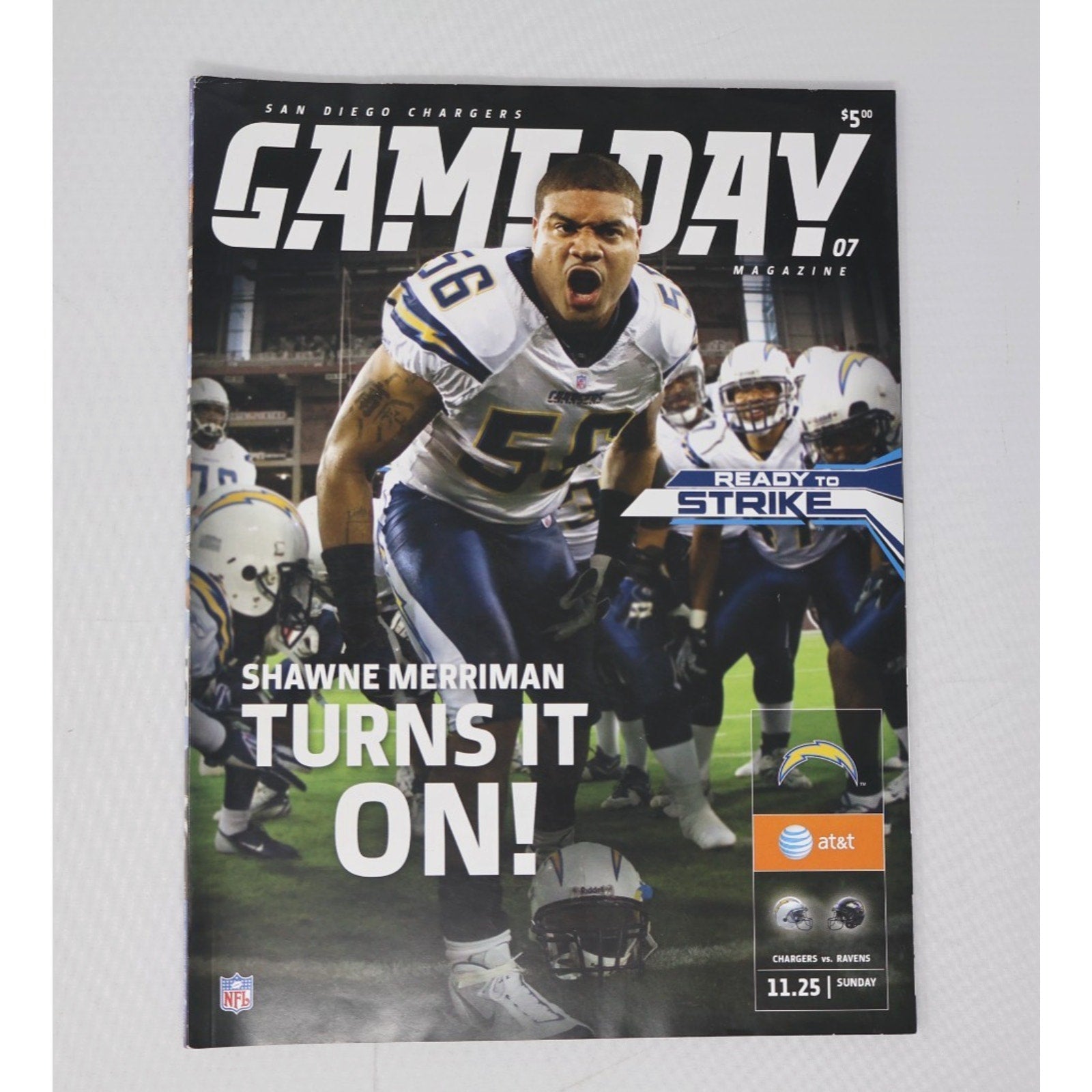 Shawne Merriman On Cover San Diego Chargers Gameday Magazine 11-25-2007 Ravens