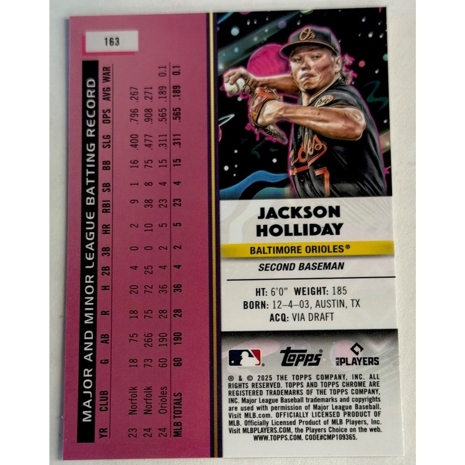 2025 Topps Cosmic Chrome Jackson Holliday-Orioles SP White Hole Refractor🔥