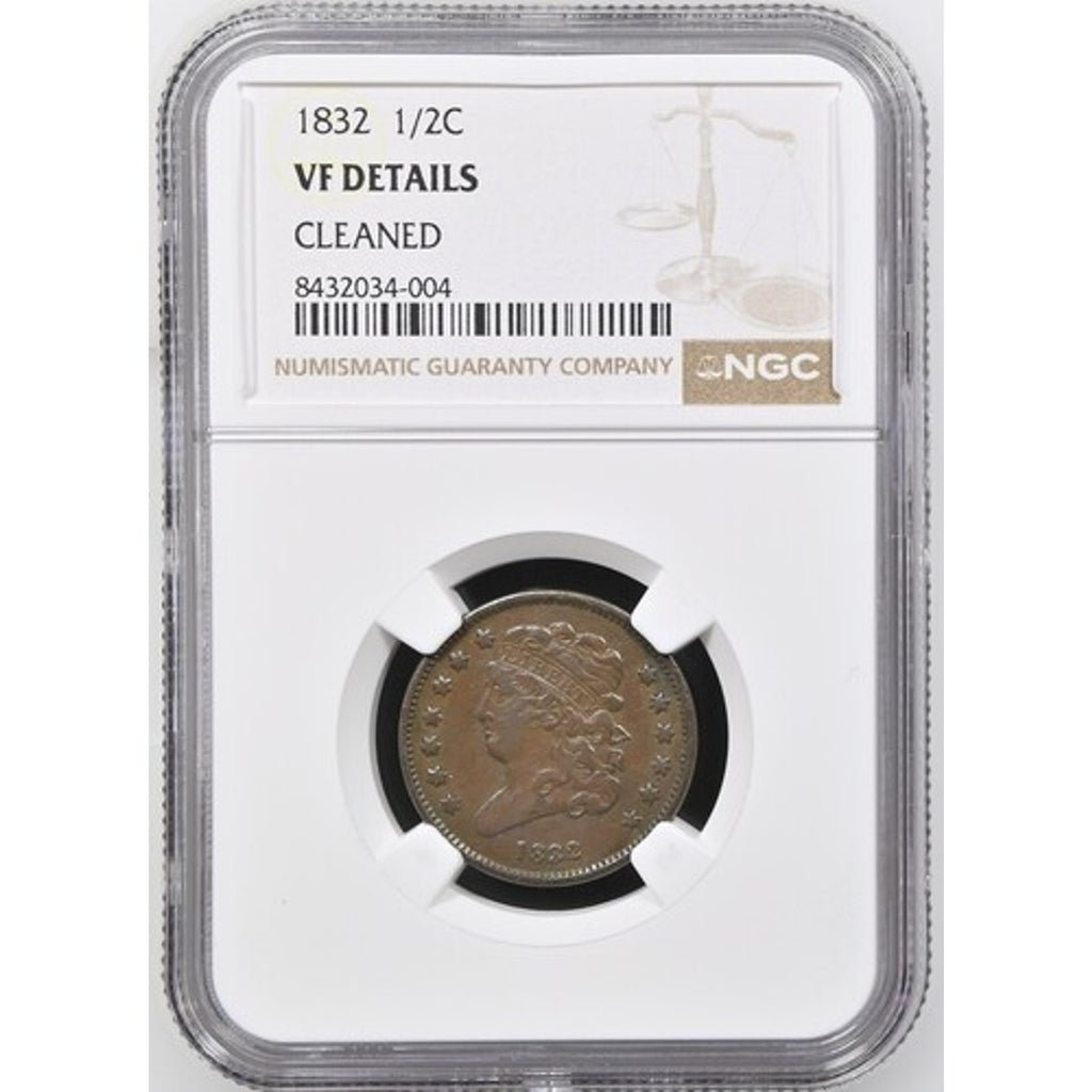 1832 1/2 Cent - NGC Cleaned High Grade VF Deatils - Very Rare