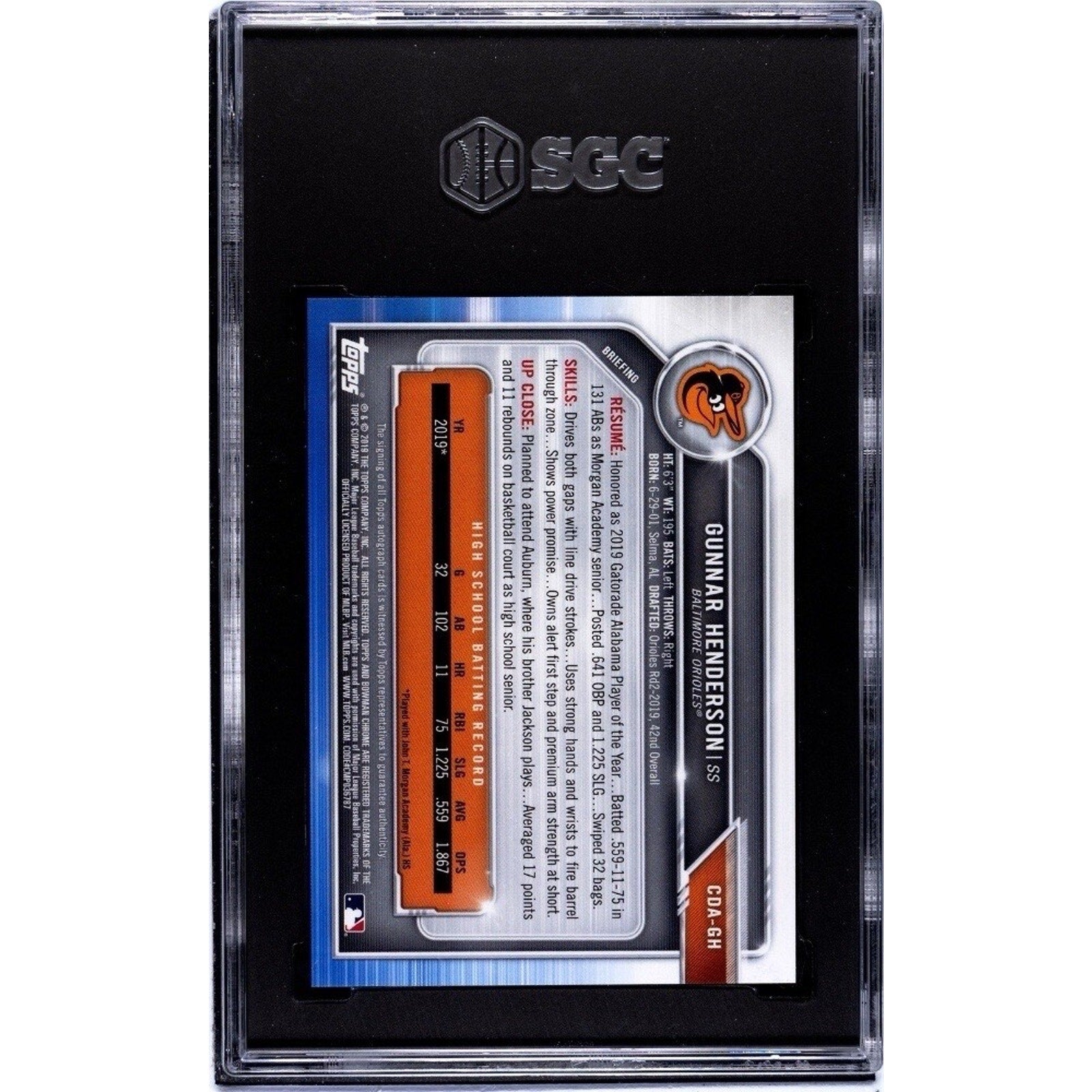 2019 Bowman Draft Chrome Gunnar Henderson RC Rookie AUTO SGC 10 /10 1st #CDA-GH