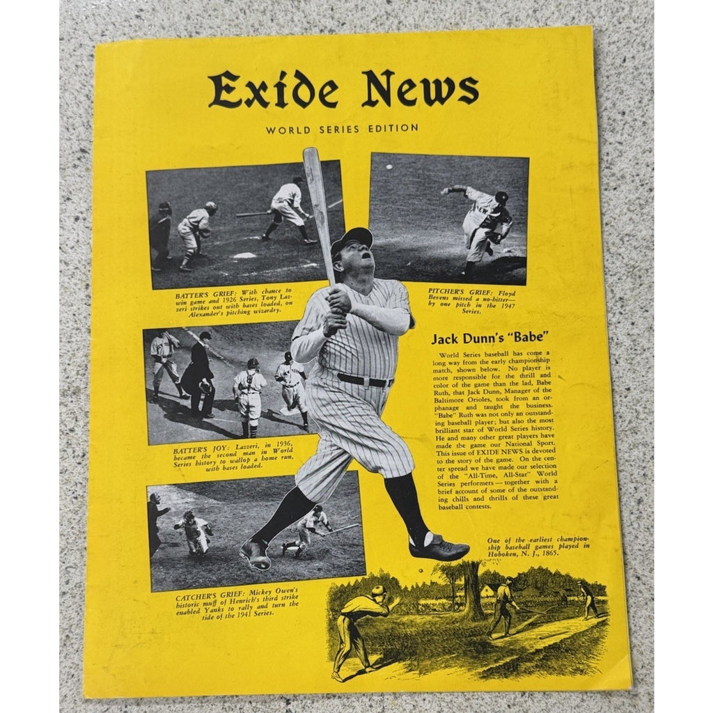 Front cover detail of vintage Exide News baseball poster with Babe Ruth imagery