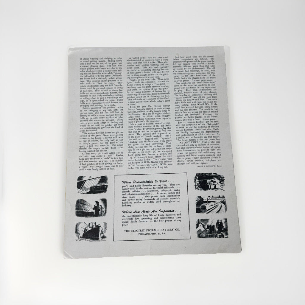 Back page text and article section from vintage baseball pictorial poster
