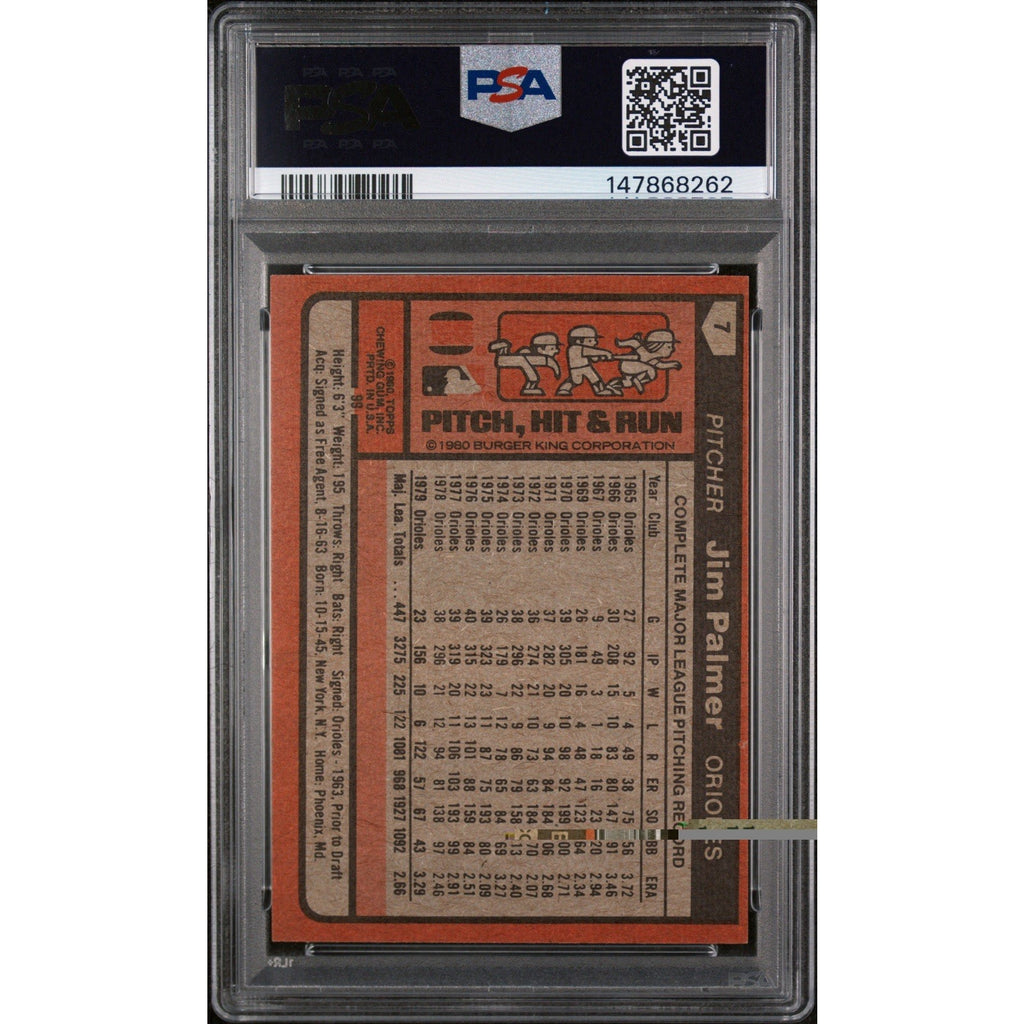 1980 Burger King Pitch Hit & Run Jim Palmer #7 PSA graded card back featuring player statistics and career information