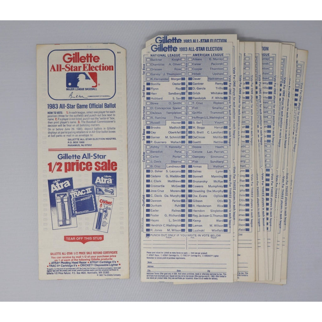 Gillette All-Star Election voting sheets and packaging on a gray background