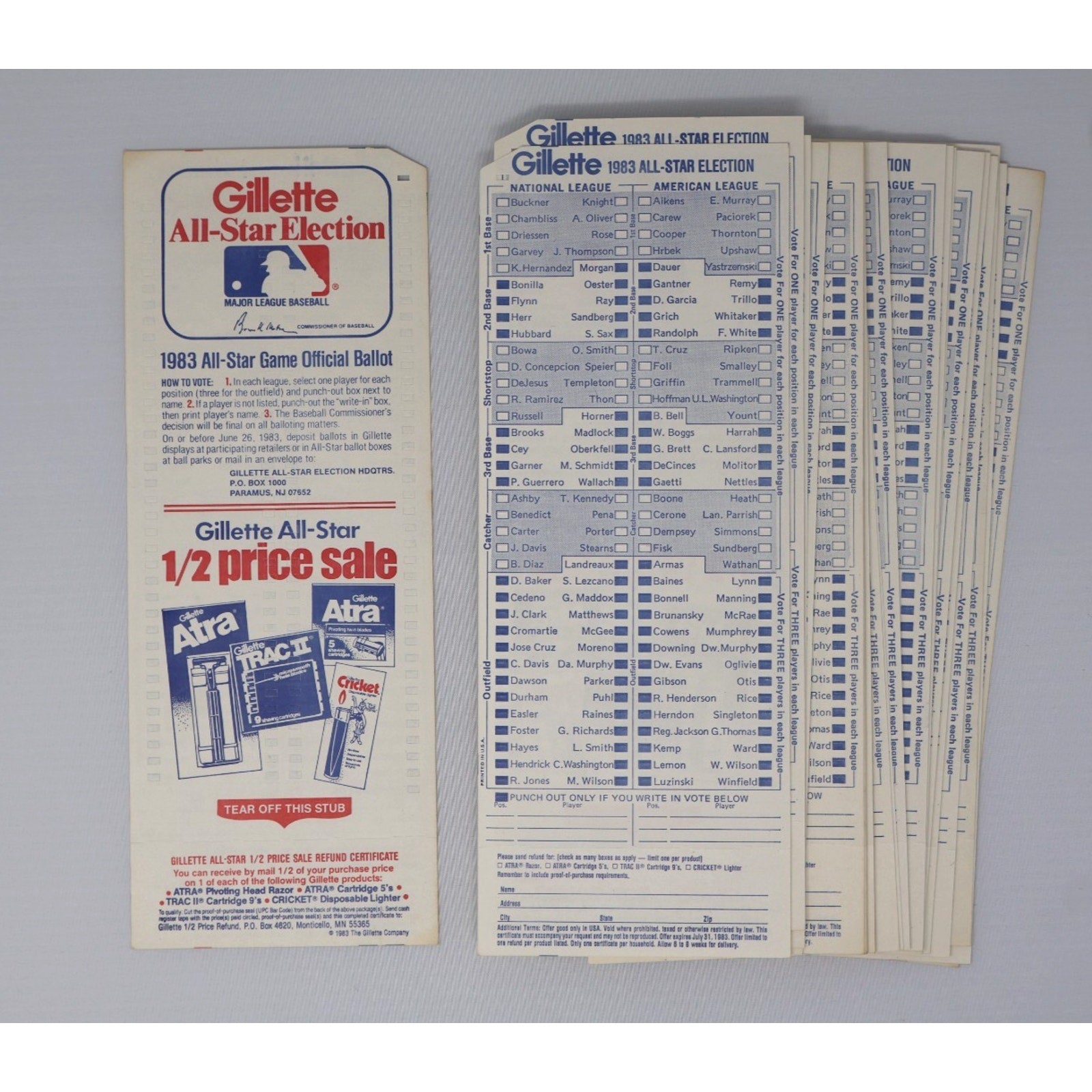 Gillette All-Star Election voting sheets and packaging on a gray background