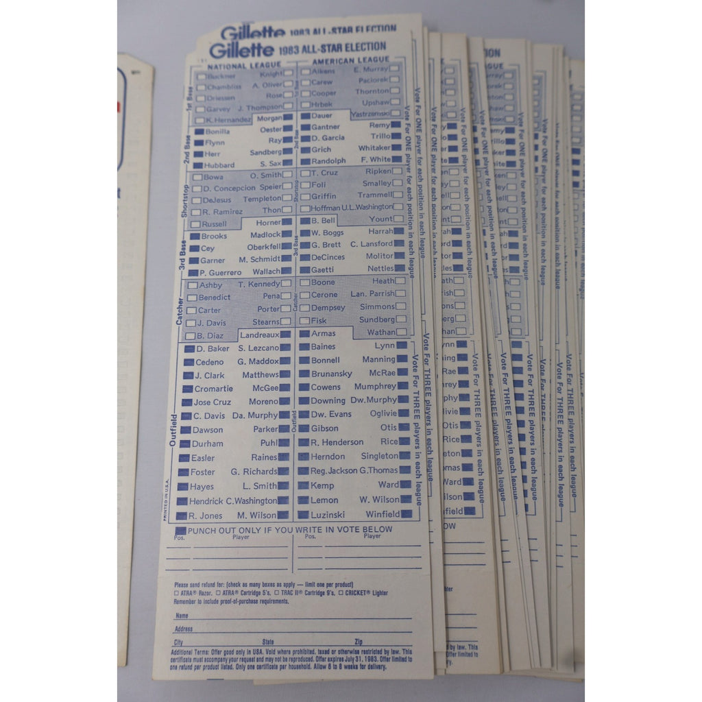 Collection of vintage baseball voting cards with player names and categories on a white background.