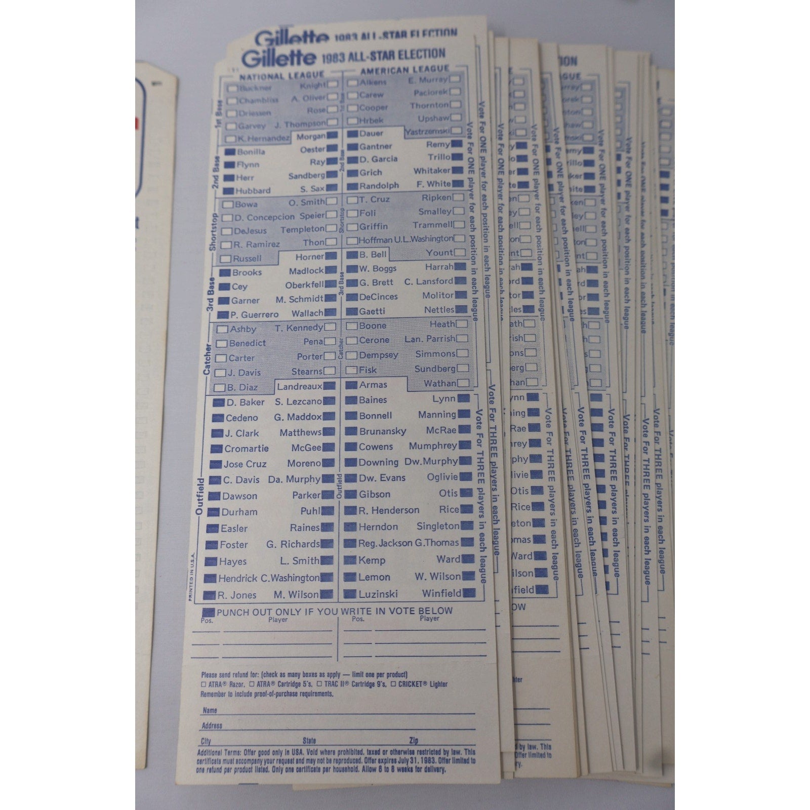 Collection of vintage baseball voting cards with player names and categories on a white background.