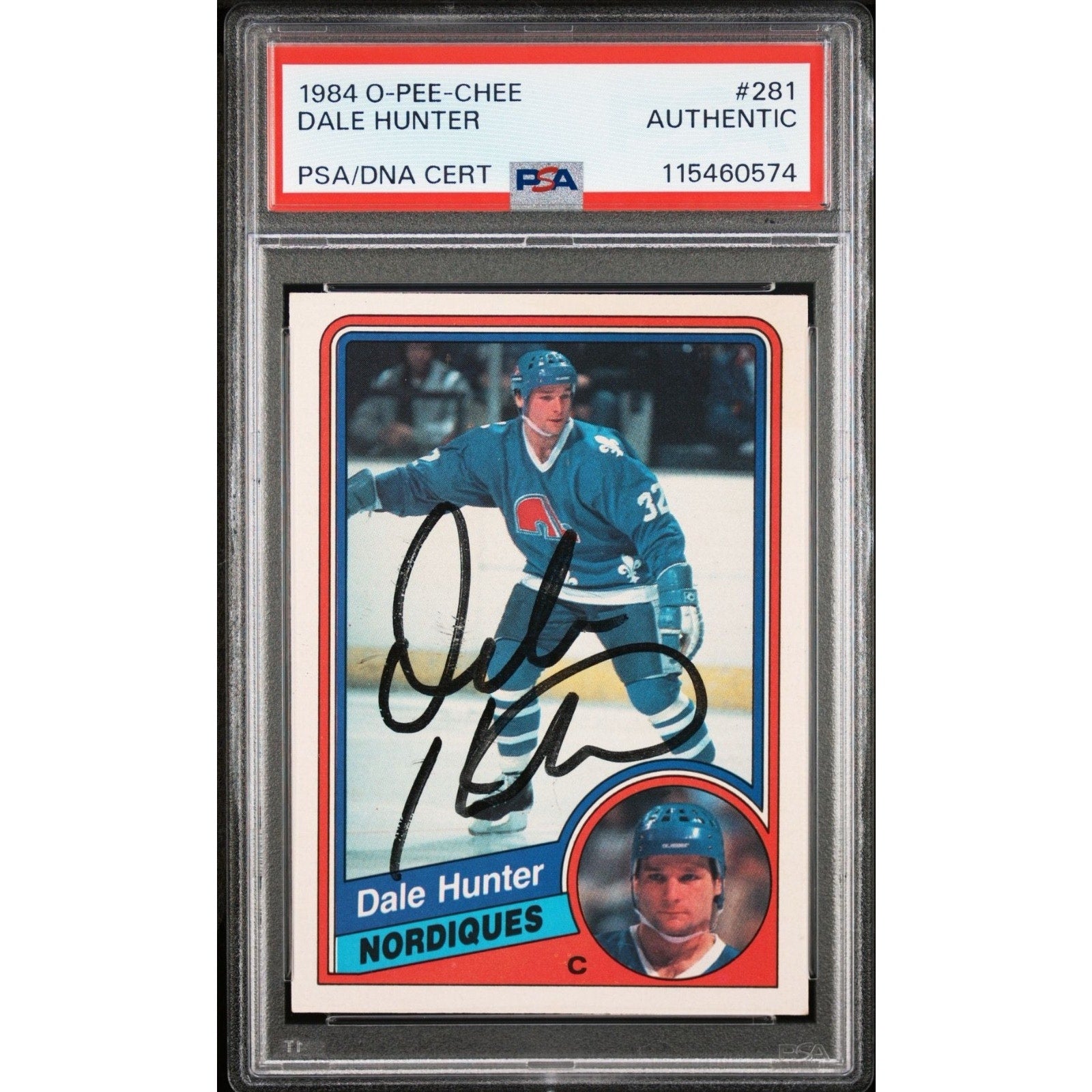 1984 O-Pee-Chee Dale Hunter #281 autographed Quebec Nordiques hockey card PSA DNA authenticated vintage NHL collectible