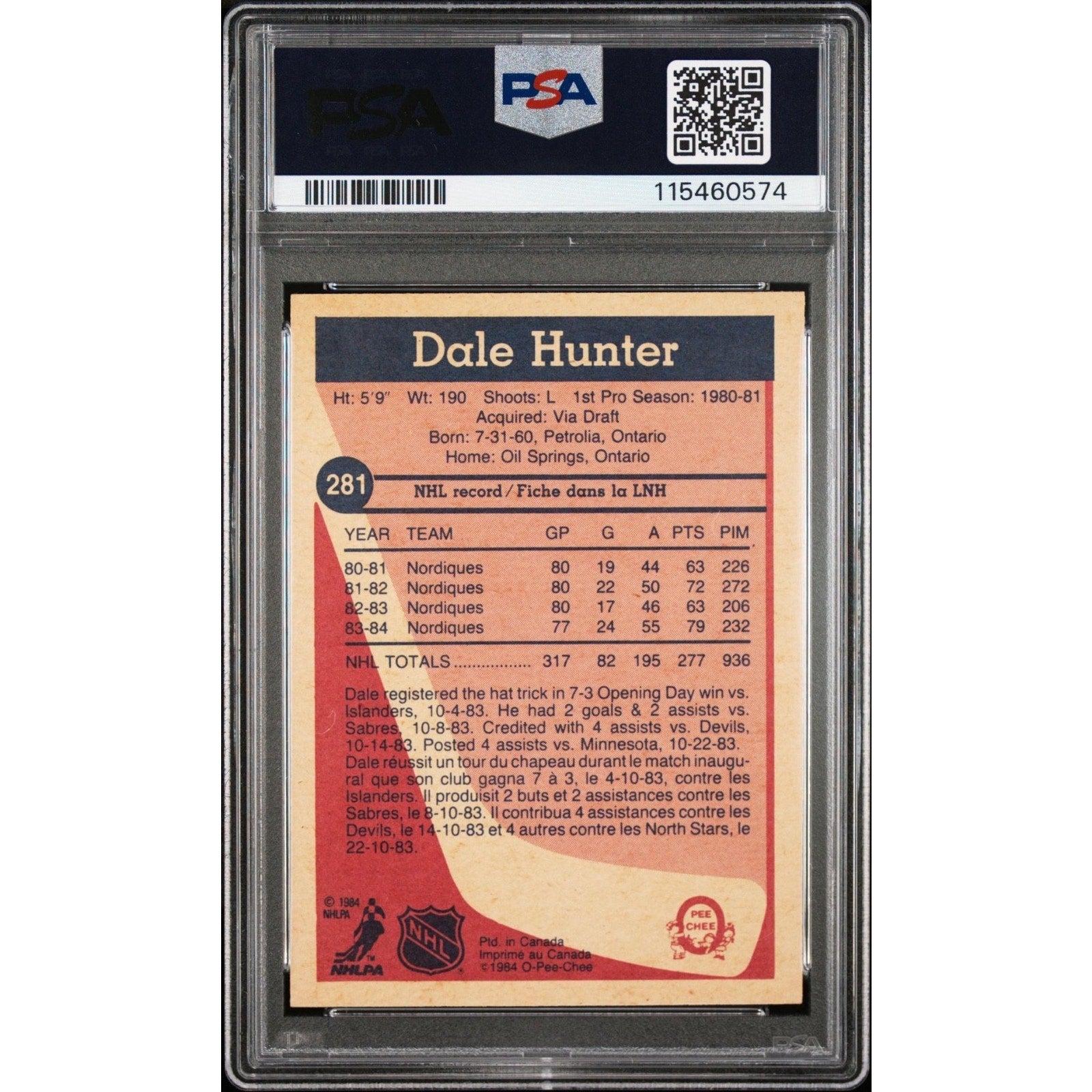Back of 1984 O-Pee-Chee Dale Hunter #281 hockey card authenticated and encapsulated by PSA DNA