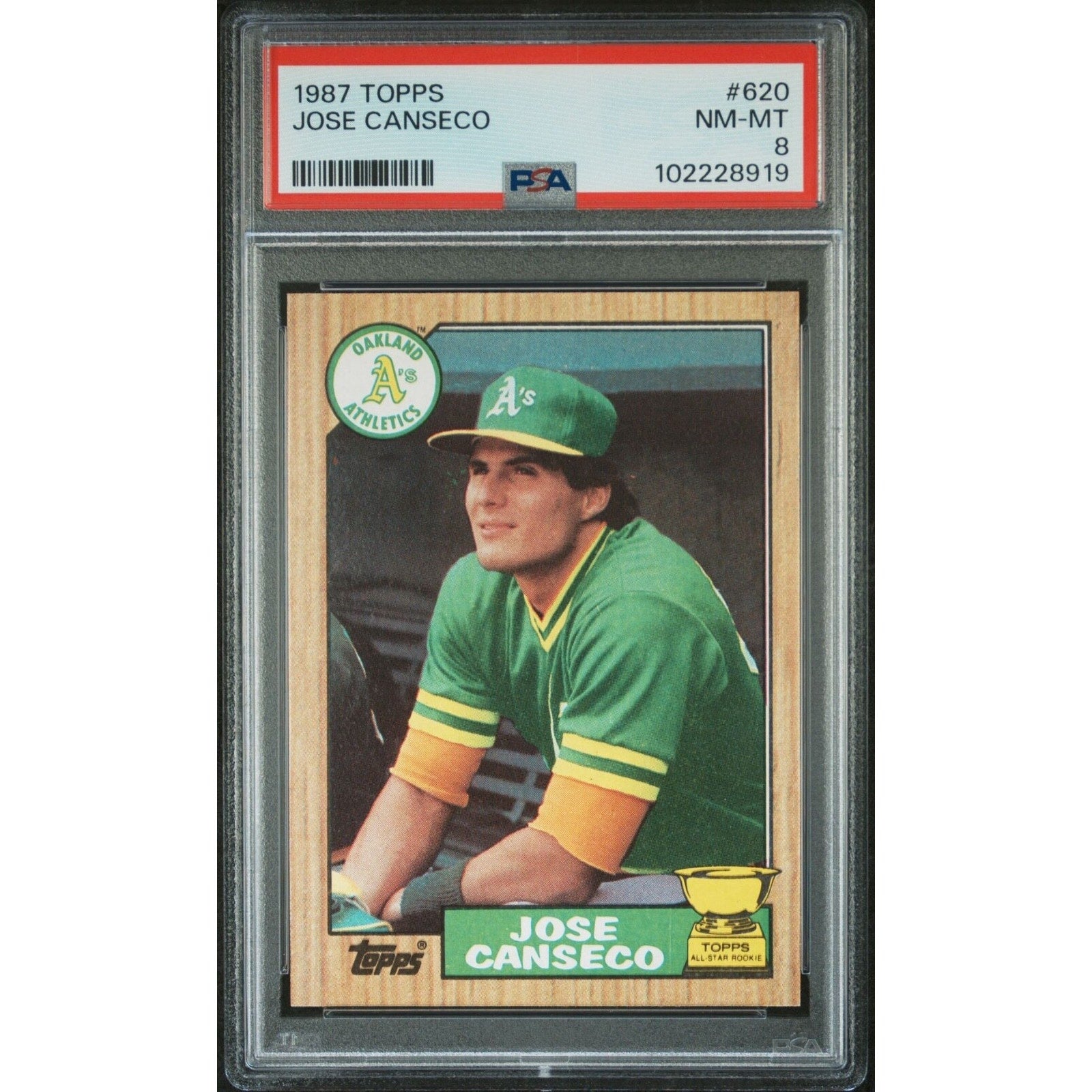 1987 Topps Jose Canseco rookie card #620 PSA 8 Near Mint-Mint Oakland Athletics baseball card front view
