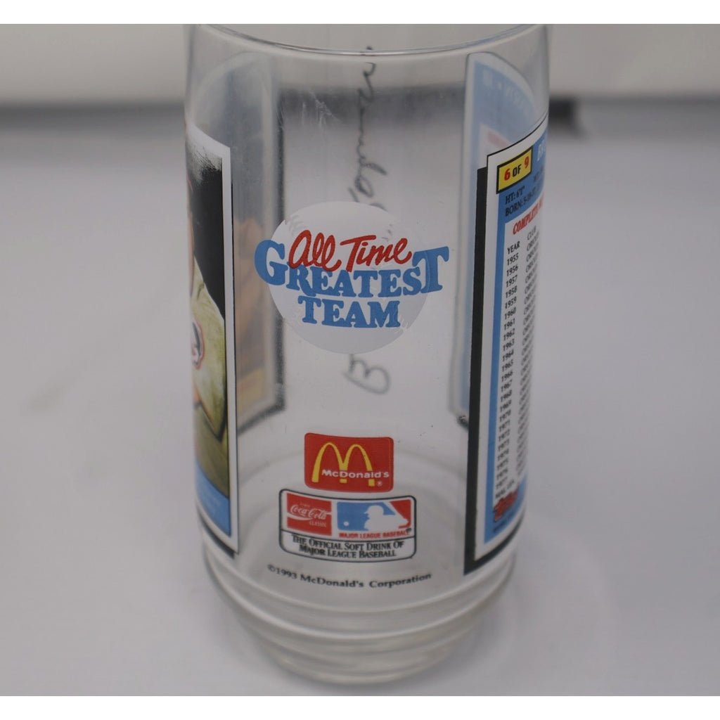 Side view of Brooks Robinson collectible McDonald’s glass tumbler with MLB graphics