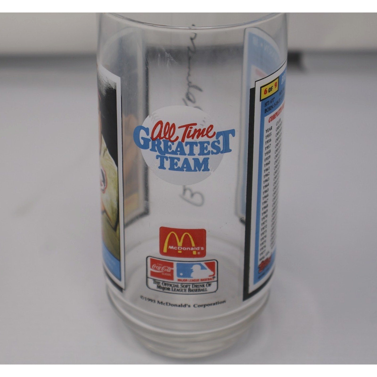 Side view of Brooks Robinson collectible McDonald’s glass tumbler with MLB graphics
