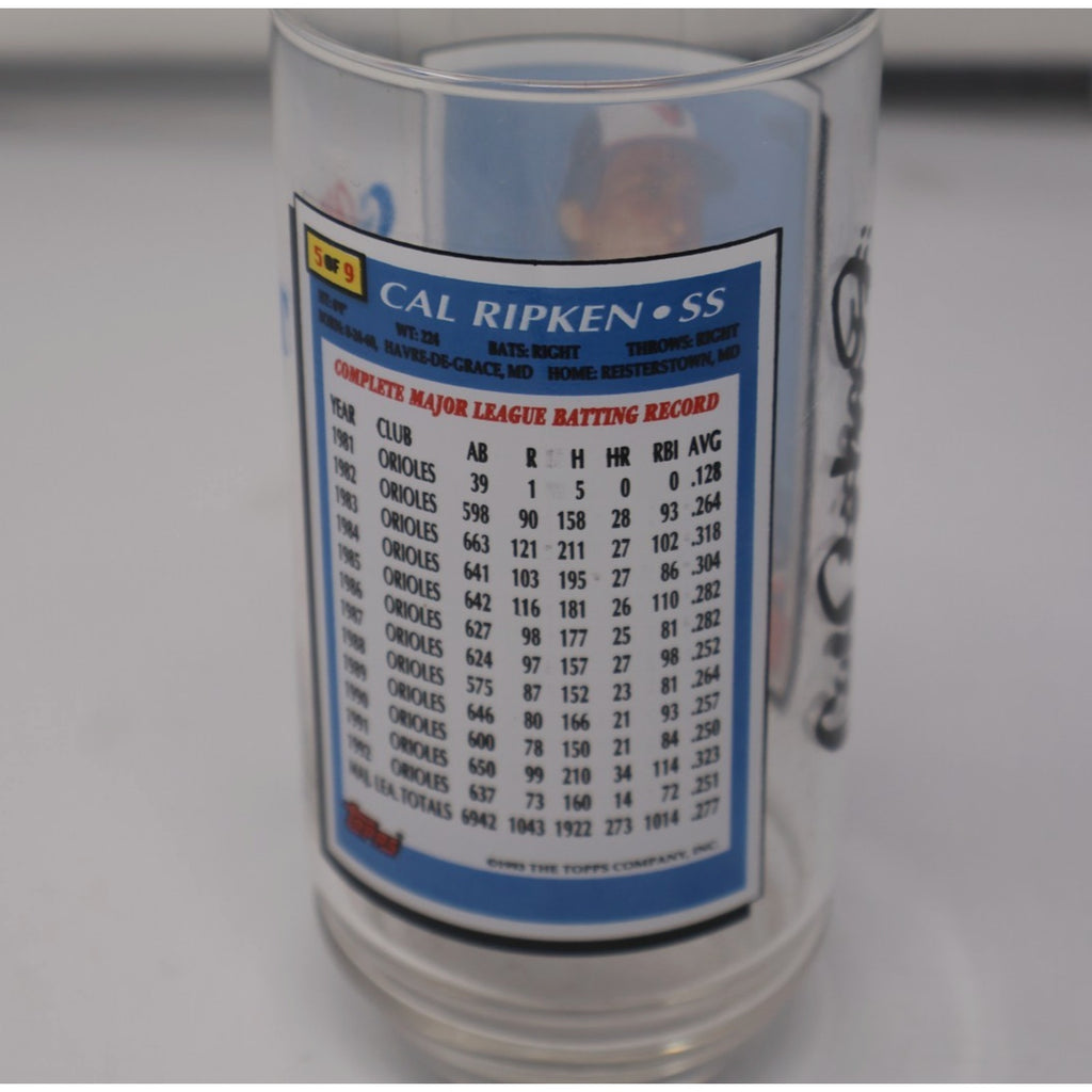Back view of vintage tumbler showing player statistics and commemorative design