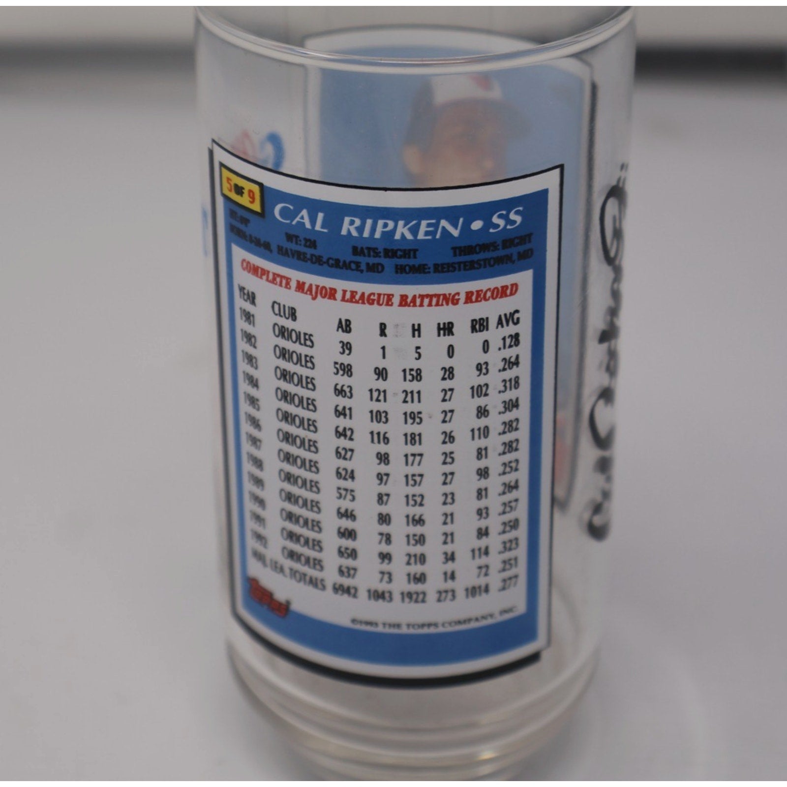 Back view of vintage tumbler showing player statistics and commemorative design