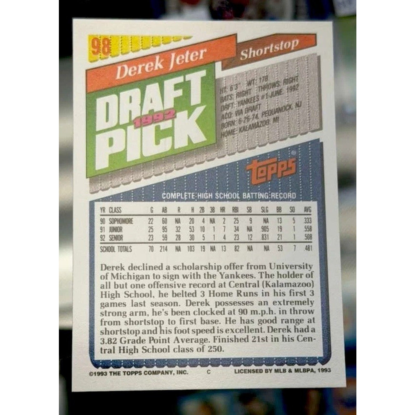 1993 Topps Derek Jeter 1992 Draft Pick Rookie Card #98 card back featuring player biography and draft information